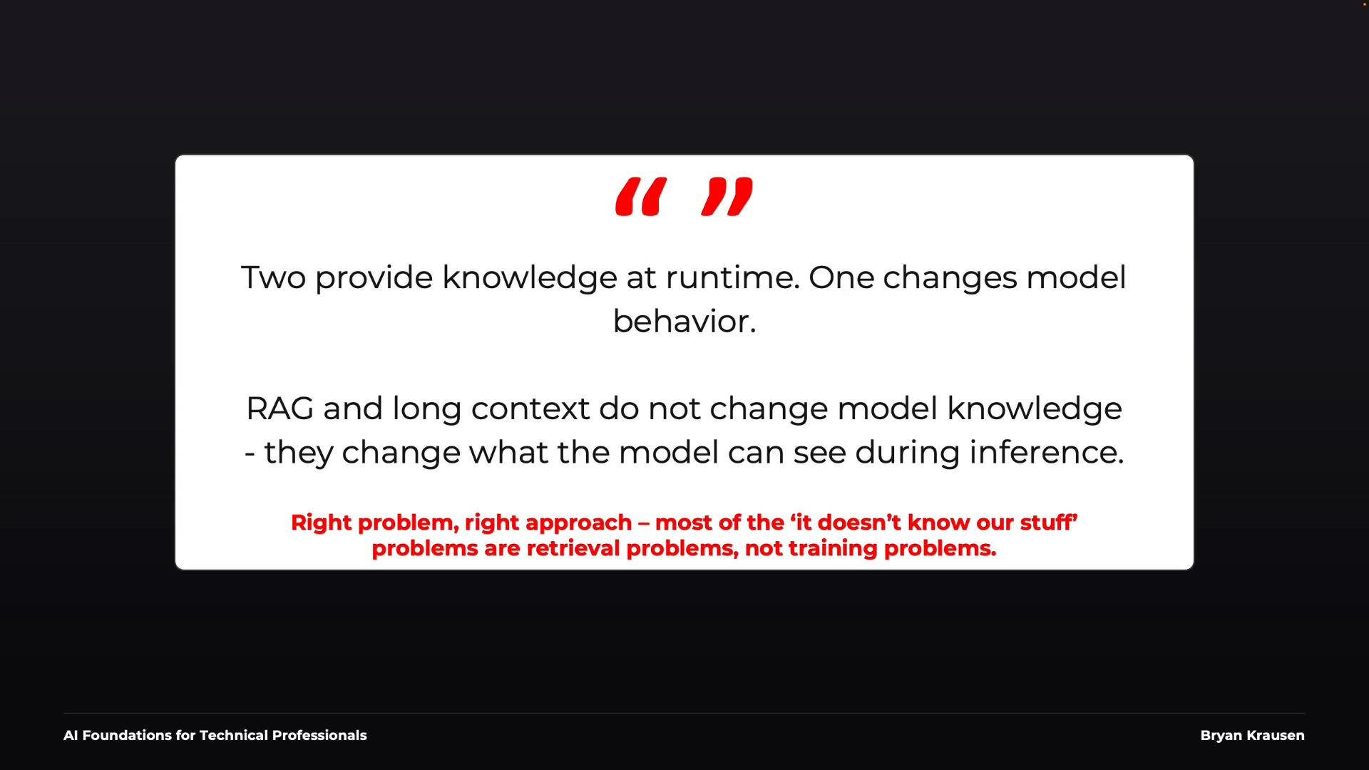 A presentation slide explaining that RAG and long context provide knowledge at runtime and change what the model can see during inference rather than altering its trained knowledge. It adds that most “it doesn’t know our stuff” issues are retrieval problems, not training problems.