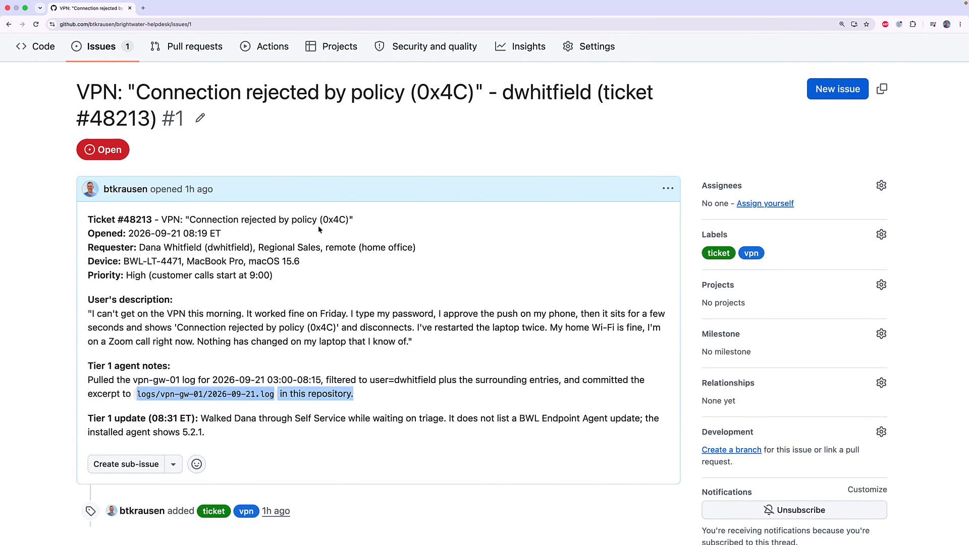 A GitHub Issues page showing an open support ticket titled "VPN: 'Connection rejected by policy (0x4C)'" with the ticket description and agent notes in the main pane. The right sidebar shows labels, assignee options and other project metadata.