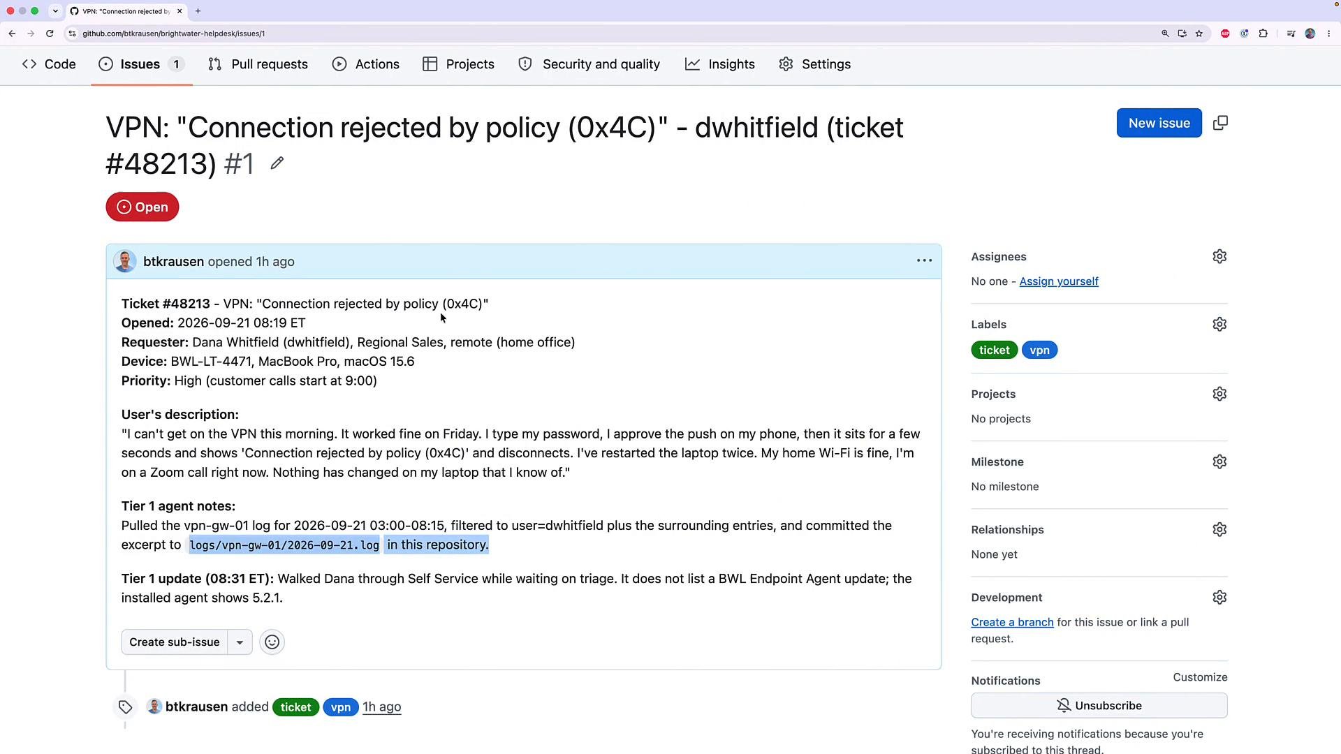 A GitHub Issues page showing an open support ticket titled "VPN: 'Connection rejected by policy (0x4C)'" with the ticket description and agent notes in the main pane. The right sidebar shows labels, assignee options and other project metadata.