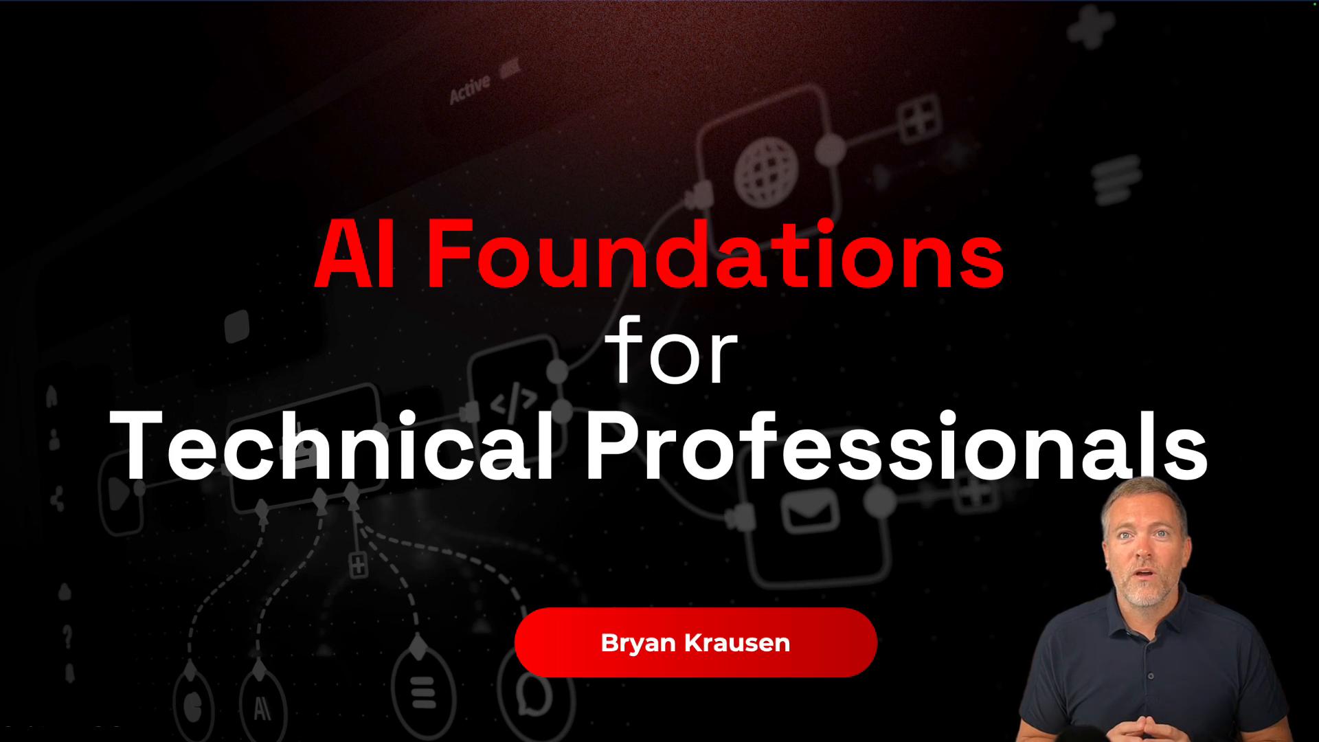A promotional graphic with large text reading "AI Foundations for Technical Professionals" over a dark, diagram-style background. A red call-to-action button and a man looking upward appear at the lower right.