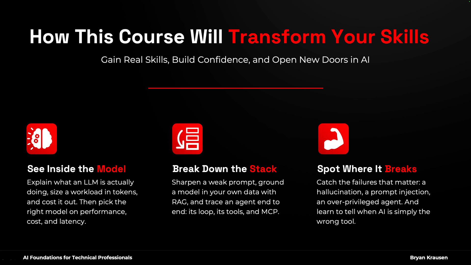 A dark-themed course promo slide titled "How This Course Will Transform Your Skills" with the subheading "Gain Real Skills, Build Confidence, and Open New Doors in AI." Below are three feature columns—"See Inside the Model," "Break Down the Stack," and "Spot Where It Breaks"—each paired with a red icon.