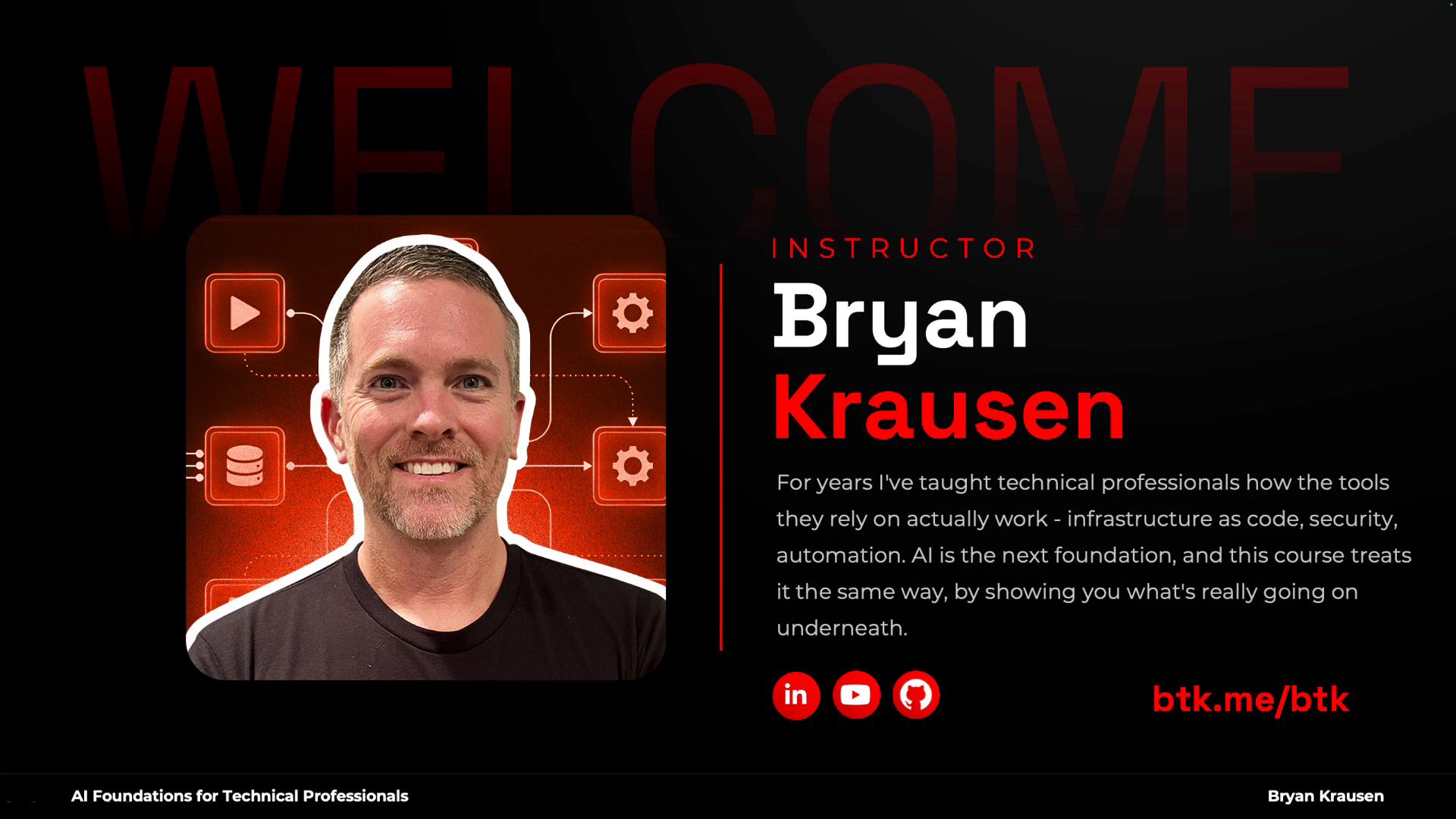 A promotional banner showing a smiling man’s portrait on the left next to bold typography introducing an instructor. The black-and-red layout includes a short bio, social icons, and a URL.