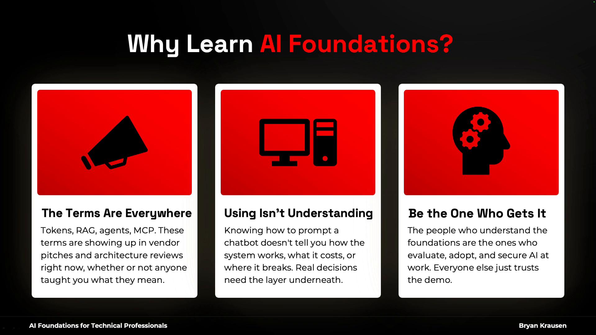 A presentation slide titled "Why Learn AI Foundations?" showing three red-and-white panels: "The Terms Are Everywhere" with a megaphone icon, "Using Isn't Understanding" with a computer icon, and "Be the One Who Gets It" with a head-and-gears icon. Each panel includes brief explanatory text about why foundational AI knowledge matters.