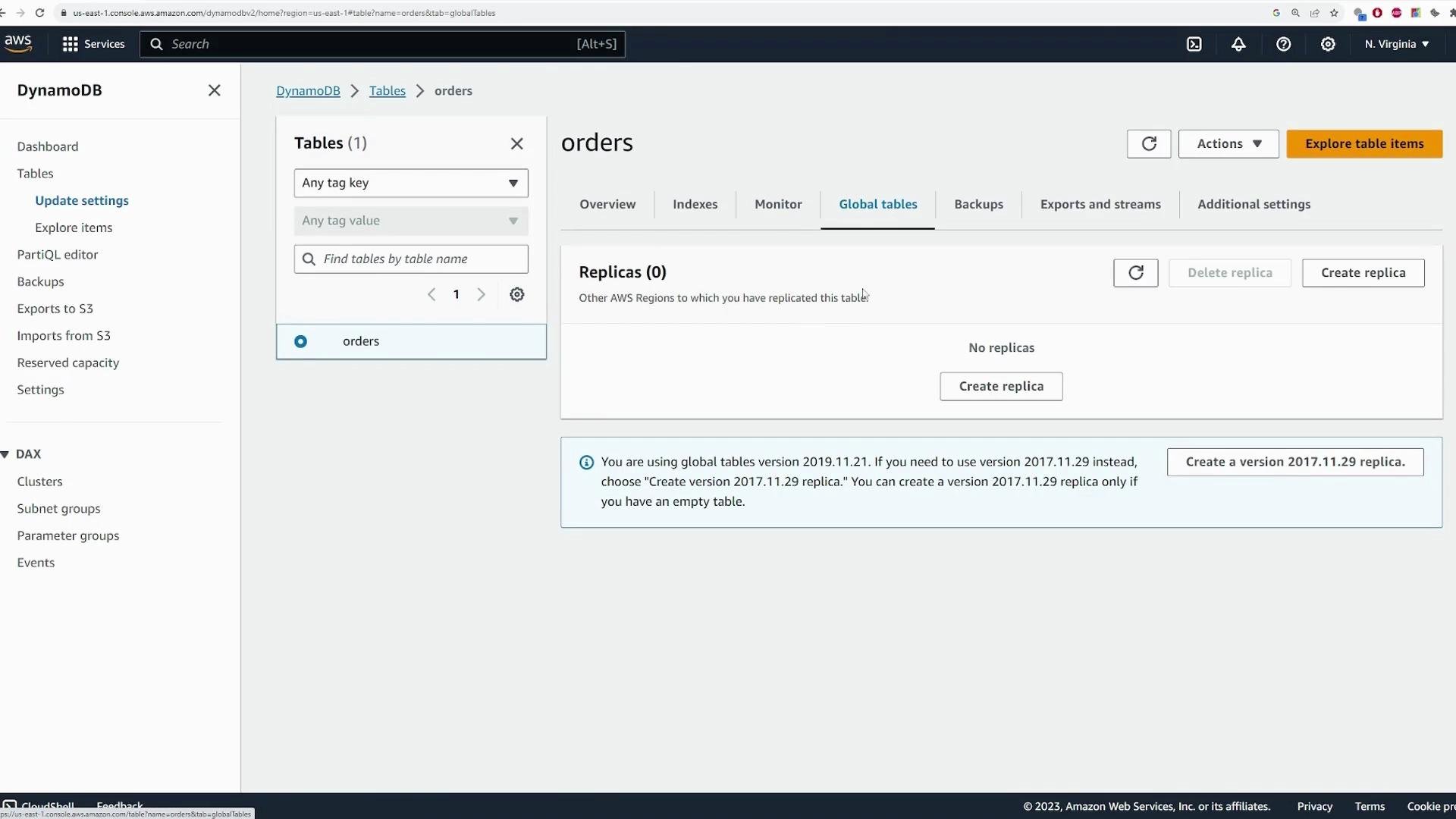 A screenshot of the AWS DynamoDB console focused on an "orders" table with the Global tables tab open, showing "No replicas" and buttons to create or delete replicas. The left sidebar shows navigation items like Dashboard, Tables, Backups and DAX.