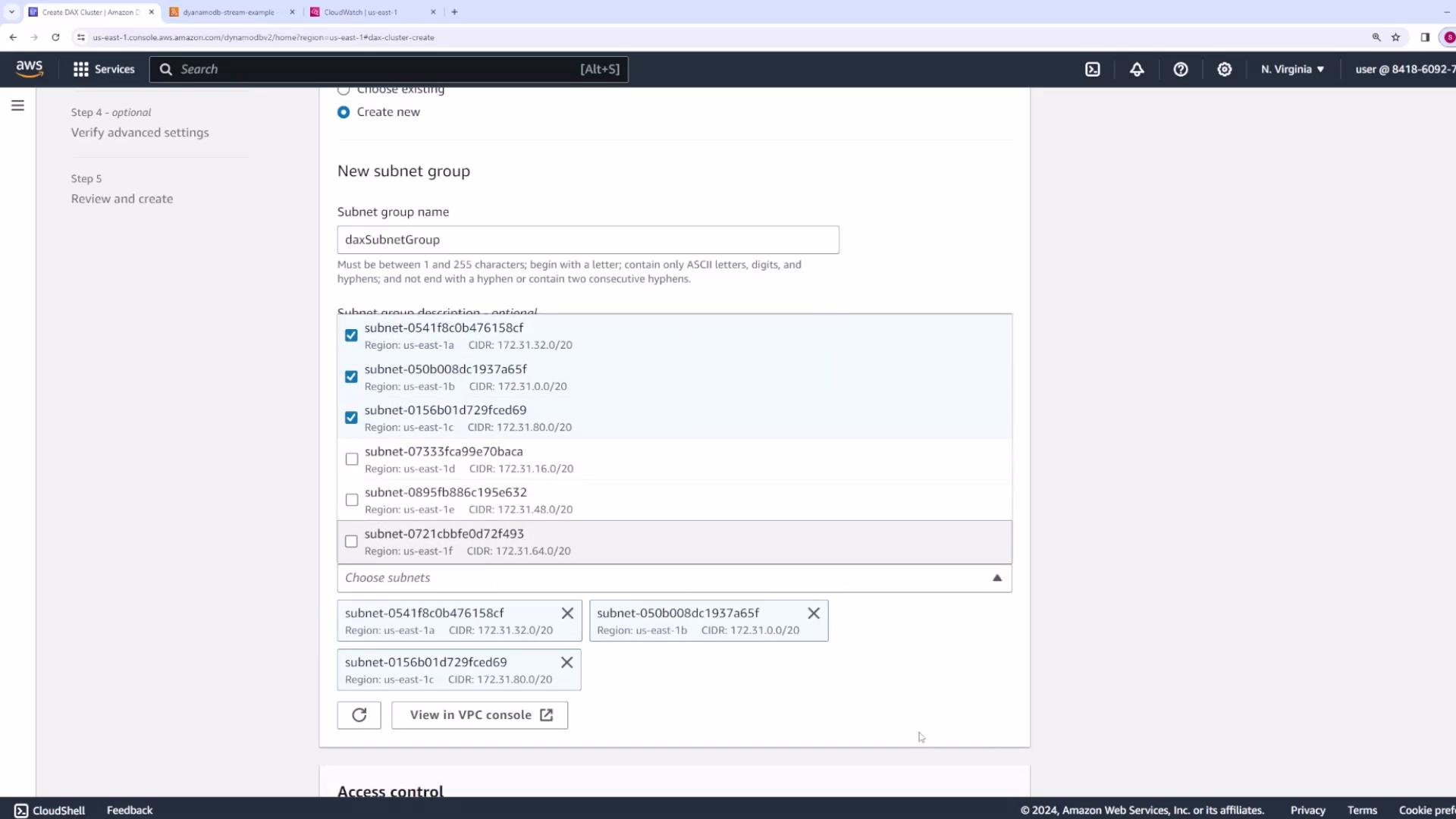 A screenshot of the AWS Management Console showing a "New subnet group" form (for creating a DAX cluster), with several subnet IDs and regions selected and listed.