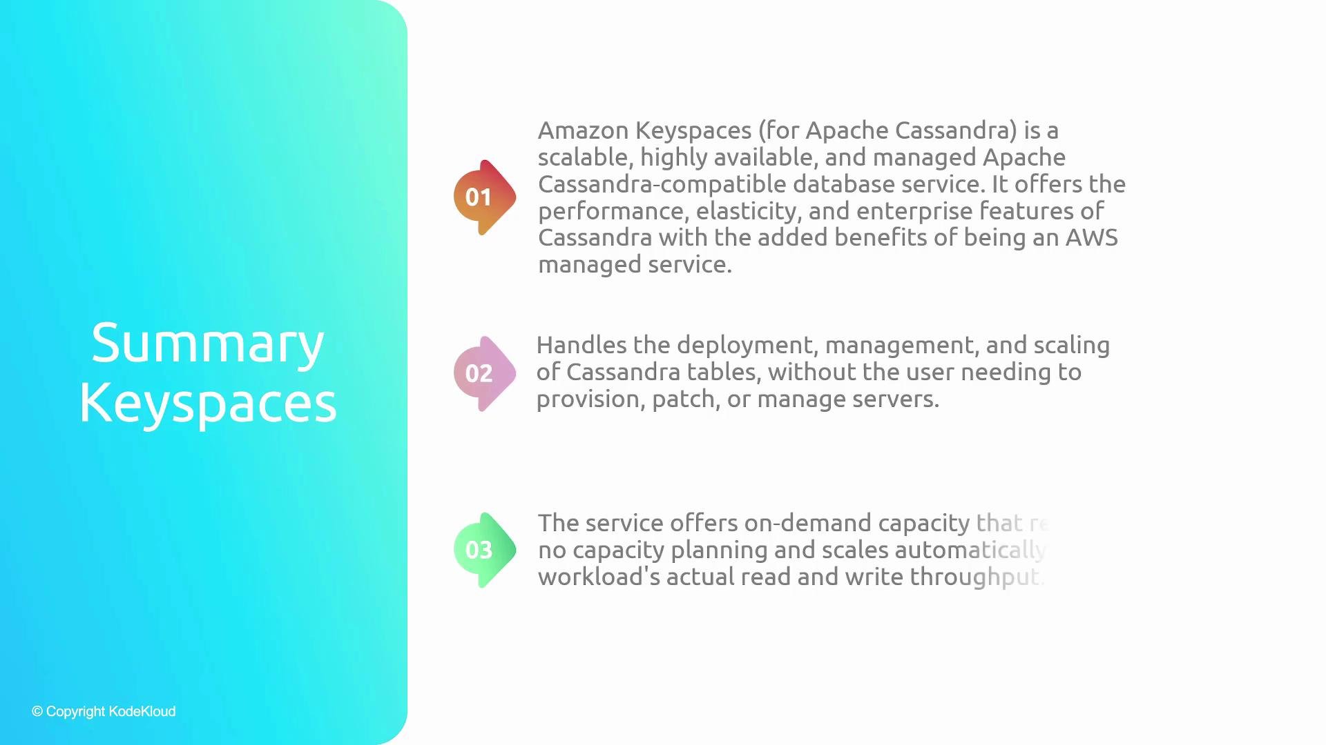 A slide titled "Summary Keyspaces" with a turquoise gradient sidebar and three numbered points summarizing Amazon Keyspaces as a managed, Cassandra-compatible database service. The right side lists brief feature descriptions like scalability, automated management, and on‑demand capacity.