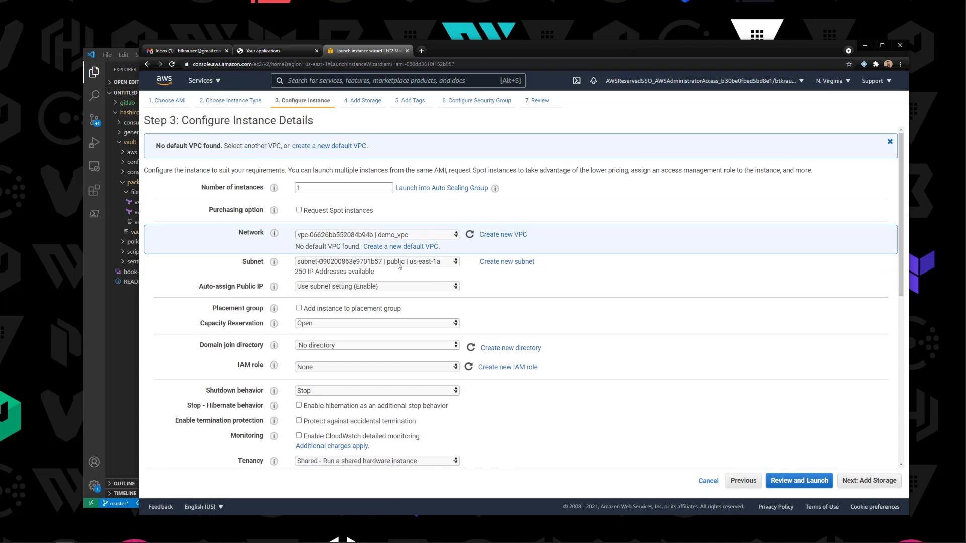 A screenshot of the AWS EC2 Launch Instance wizard showing "Step 3: Configure Instance Details" with fields for network, subnet, auto-assign public IP, IAM role, and other instance settings. The page is open in a browser window over a code editor UI.
