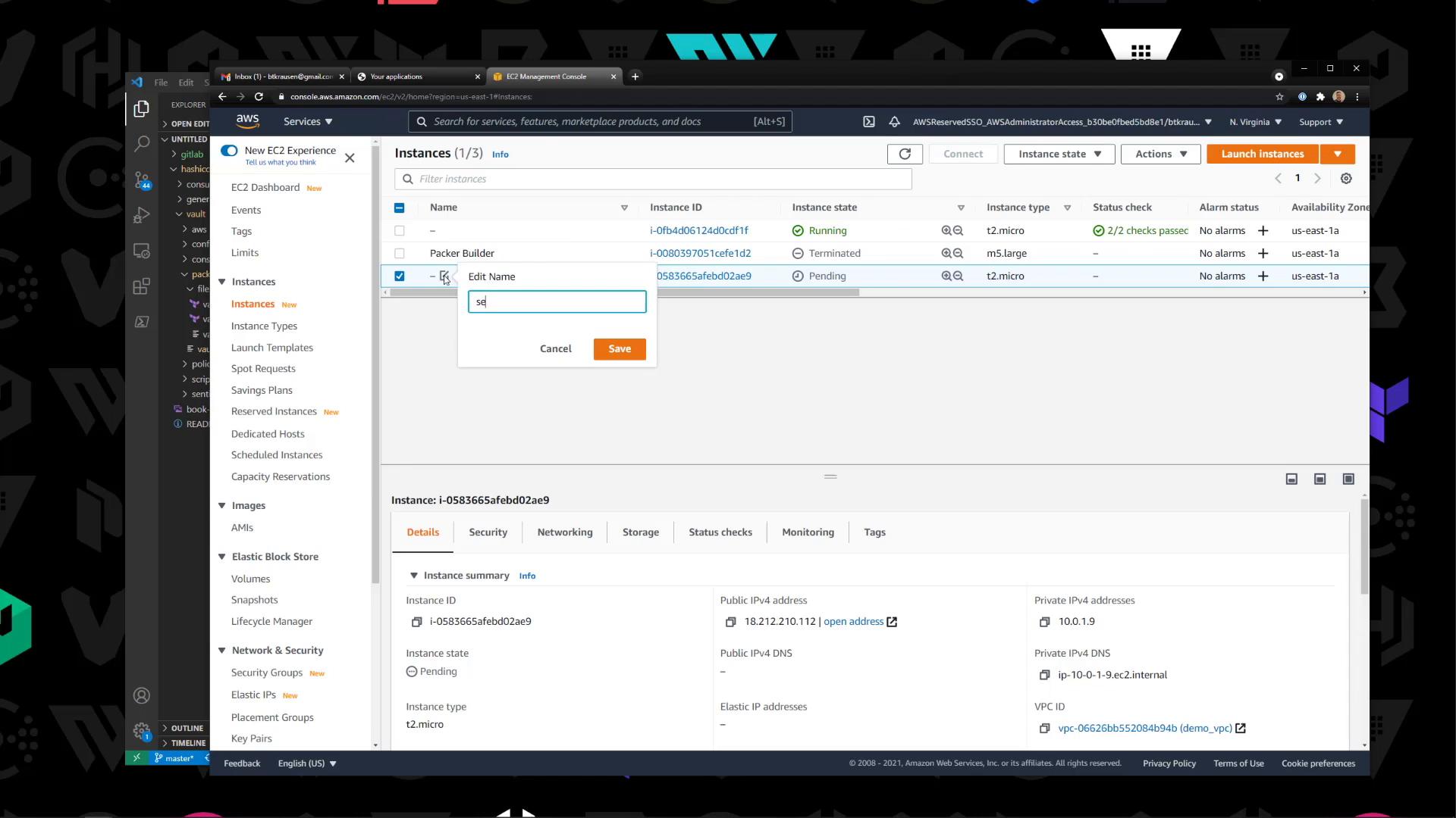 A screenshot of the AWS EC2 Management Console showing a list of EC2 instances with one instance selected and an "Edit Name" dialog open. The instance details pane is visible at the bottom, showing status and networking information.