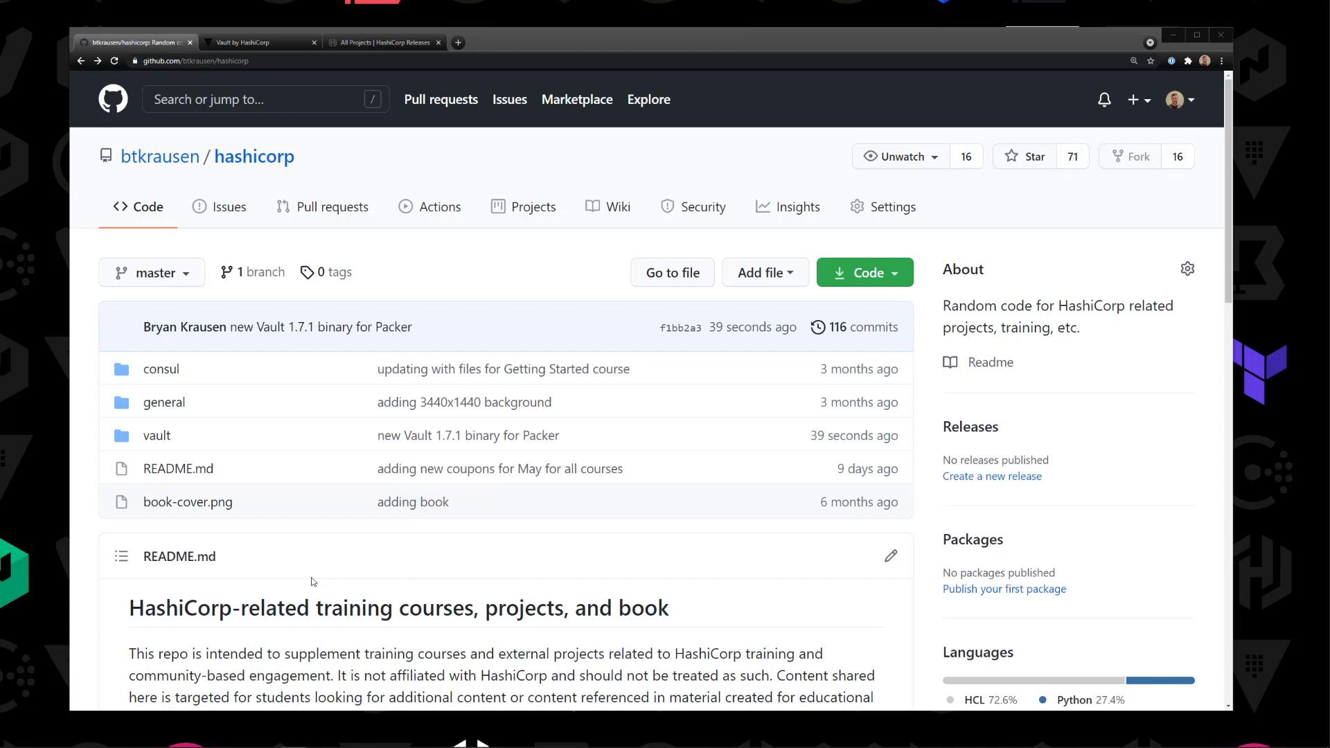 A screenshot of a GitHub repository page for a HashiCorp-related project, showing folder entries (consul, general, vault), a README section, and repository controls like Code, Issues, and Pull requests. The right side shows repo metadata such as stars, forks, and an About blurb.