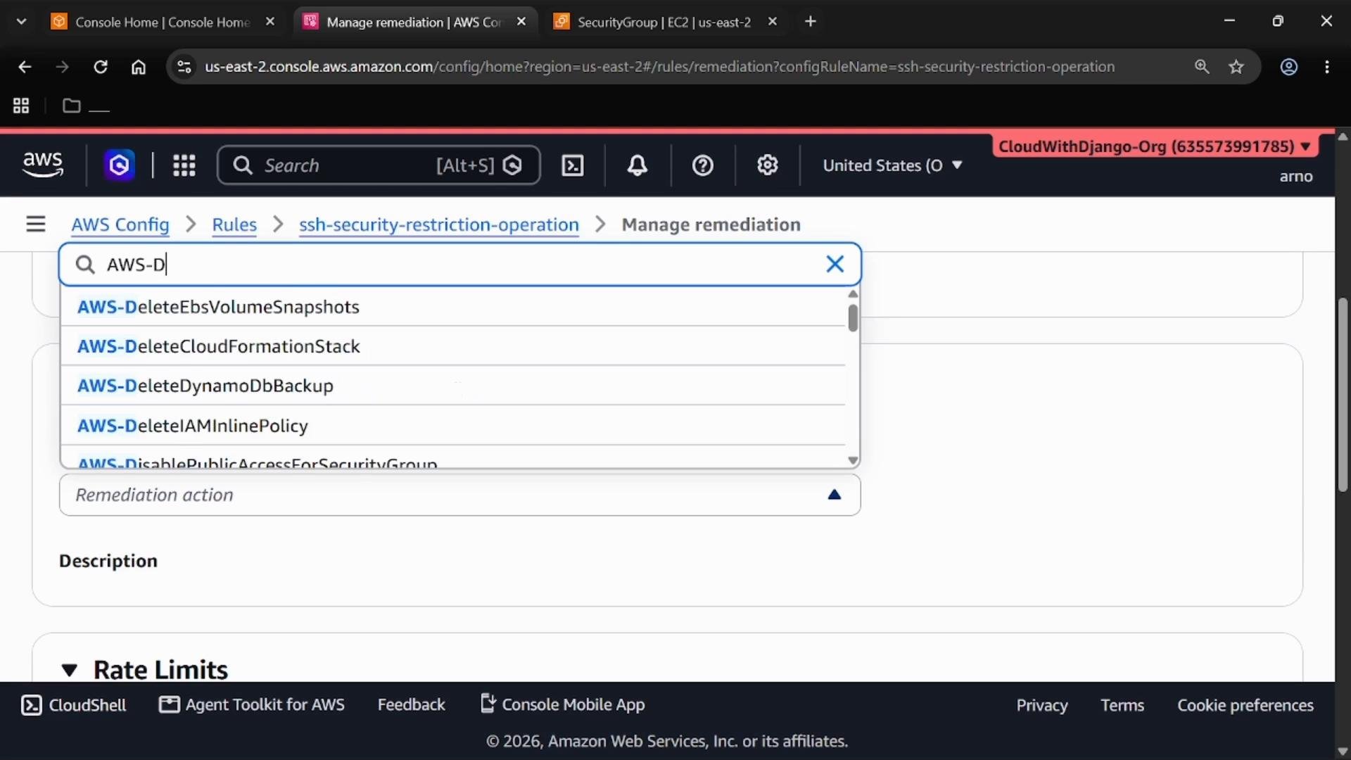 A screenshot of the AWS Config "Manage remediation" page with a search box and a dropdown listing built-in remediation actions (e.g., AWS-DeleteEbsVolumeSnapshots, AWS-DeleteCloudFormationStack). The browser top bar shows the CloudWithDjango-Org AWS account in the web console.