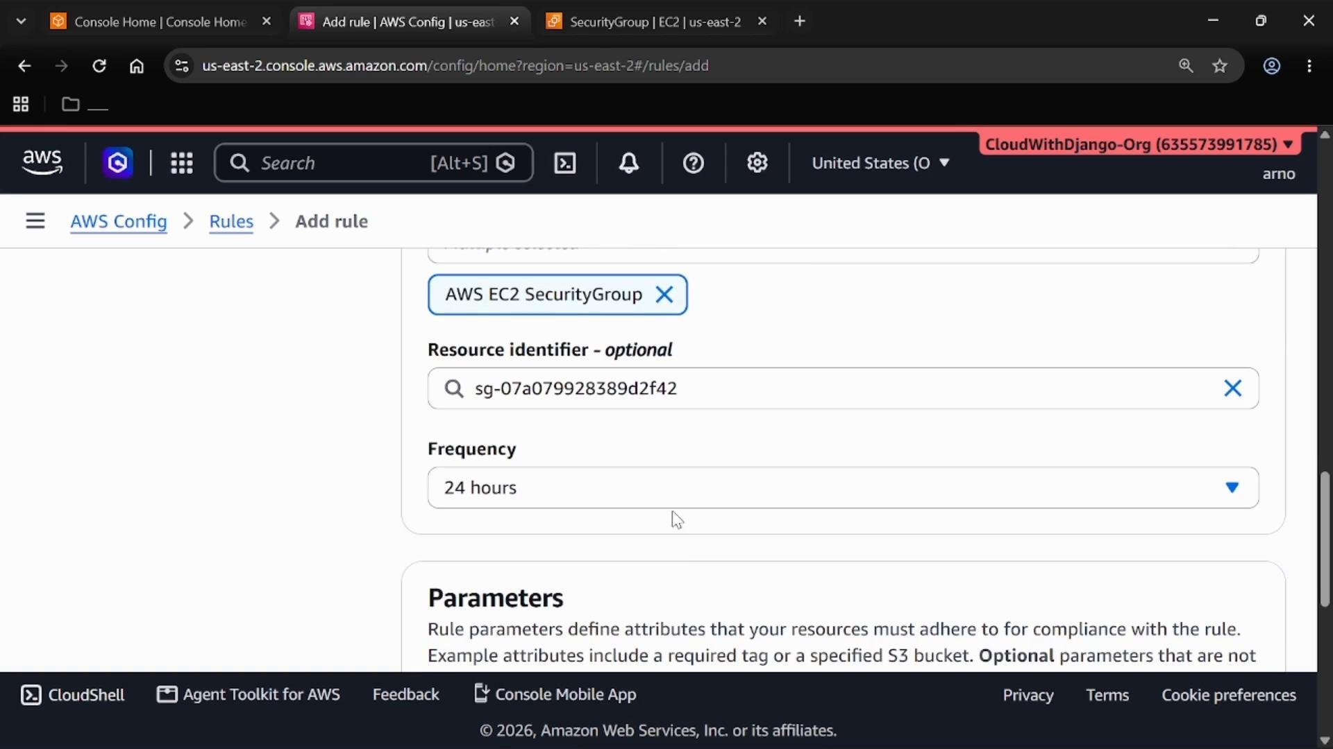 A screenshot of the AWS Config "Add rule" page showing an AWS EC2 SecurityGroup selected with a resource identifier (sg-07a079928389d2f42) and the frequency set to 24 hours. The Parameters section is visible below.