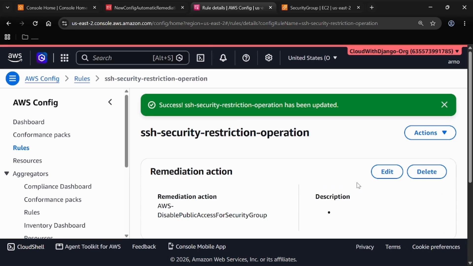 Screenshot of the AWS Config console showing the "ssh-security-restriction-operation" rule with a green success banner that it was updated. The page shows a Remediation action panel and the left navigation (Dashboard, Rules, Resources, Aggregators).
