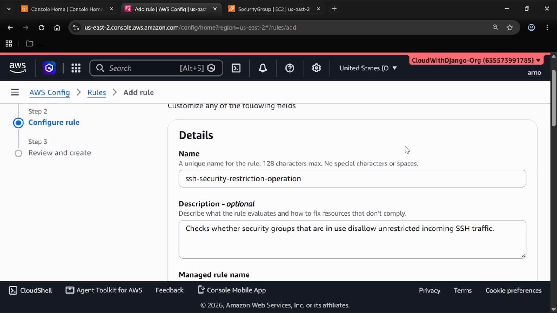 A screenshot of the AWS Config "Add rule" page showing a rule named "ssh-security-restriction-operation" with a description stating it checks security groups to disallow unrestricted incoming SSH traffic.