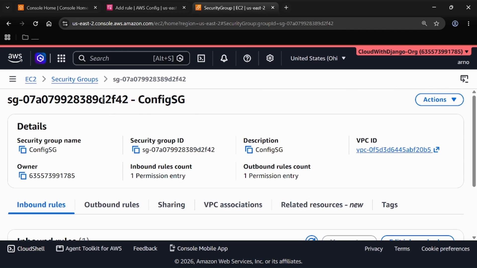 A screenshot of the AWS EC2 console showing details for a security group named "ConfigSG" (sg-07a079928389d2f42), including its owner, VPC ID and counts for inbound/outbound rules. The lower area shows tabs like Inbound rules, Outbound rules, Sharing and VPC associations.