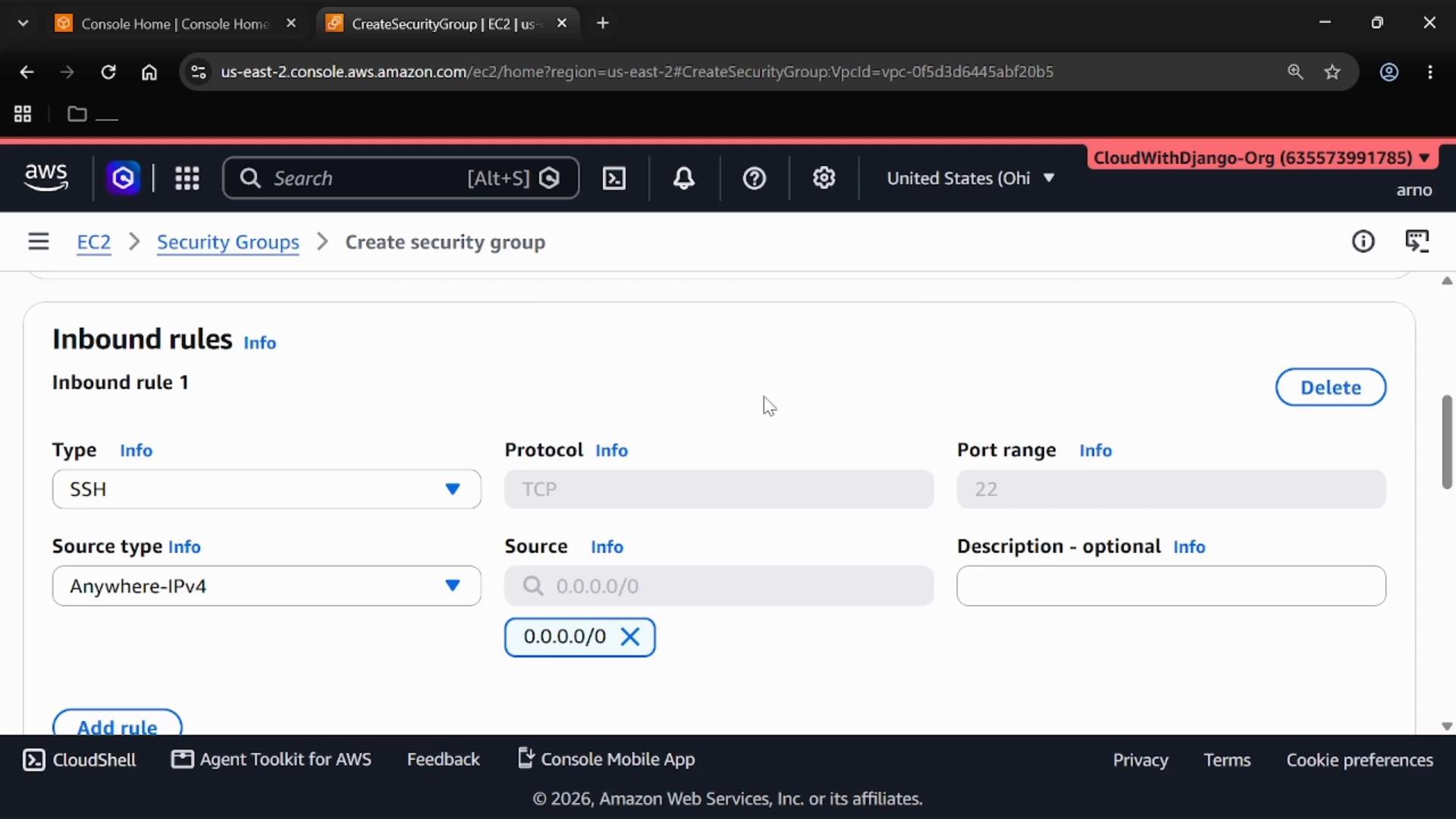 A screenshot of the AWS EC2 "Create security group" console showing the Inbound rules section. It displays an SSH (TCP port 22) rule with the source set to 0.0.0.0/0 (Anywhere-IPv4).
