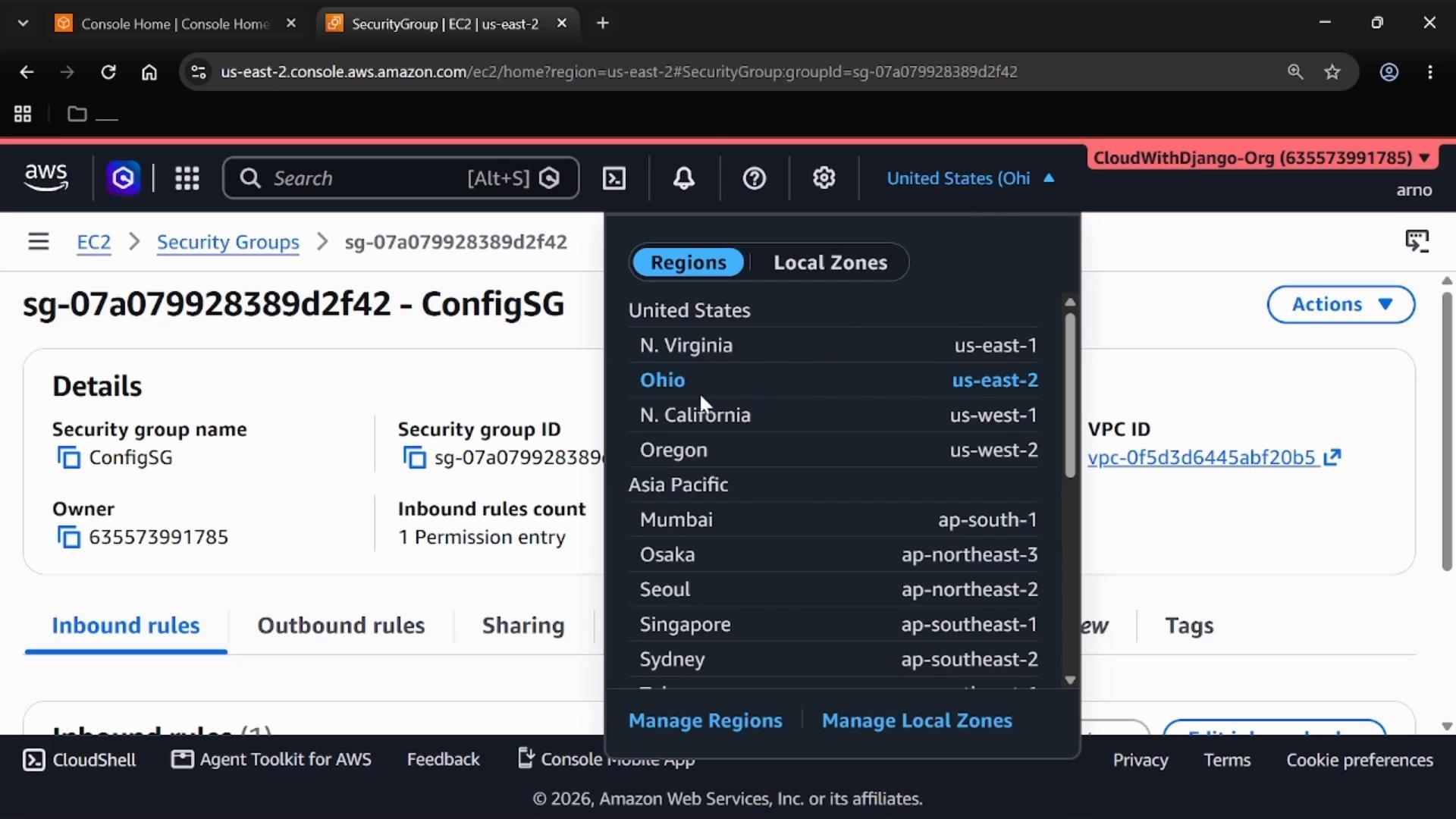 Screenshot of the AWS EC2 console showing a security group named ConfigSG (ID sg-07a079928389d2f42). A region selector overlay is open with Ohio (us-east-2) highlighted.