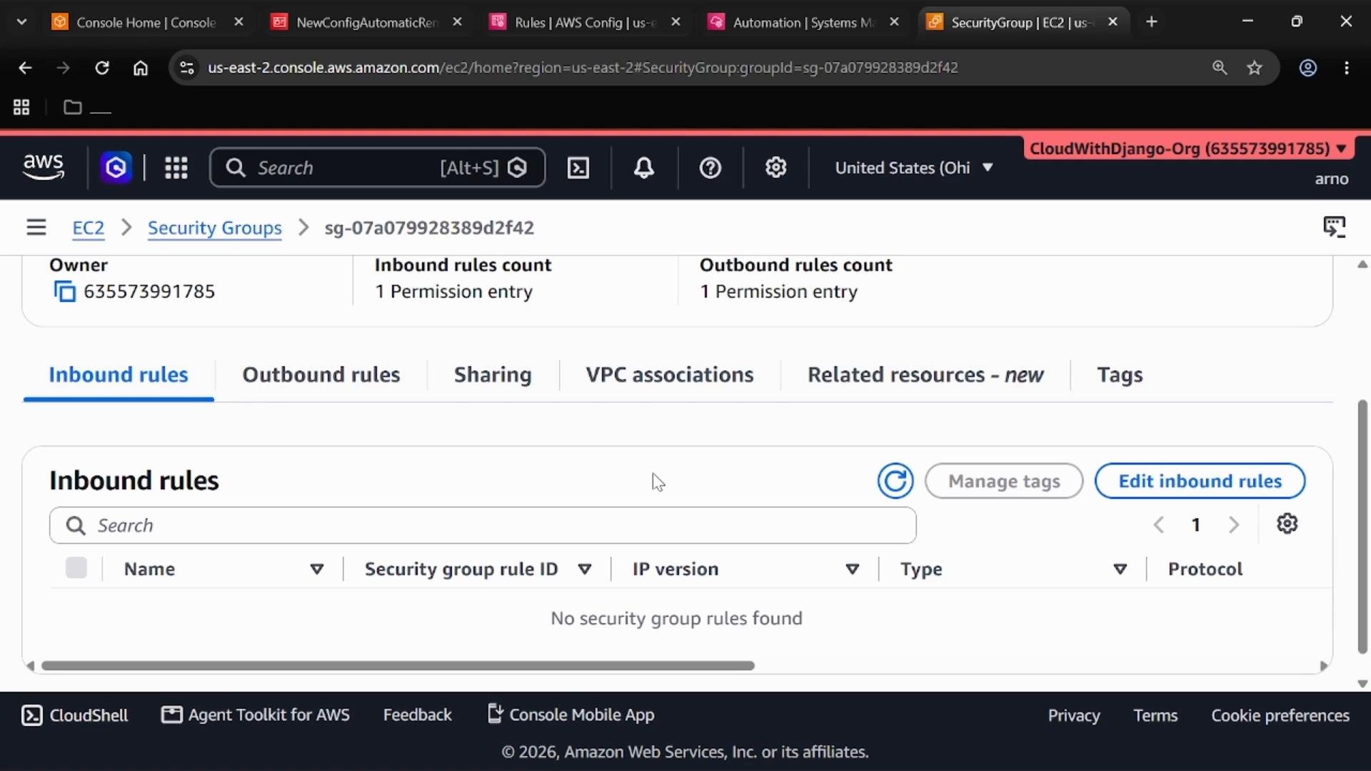 A screenshot of the AWS EC2 console showing a Security Group details page on the "Inbound rules" tab. It shows "No security group rules found" with options to "Edit inbound rules" and "Manage tags."