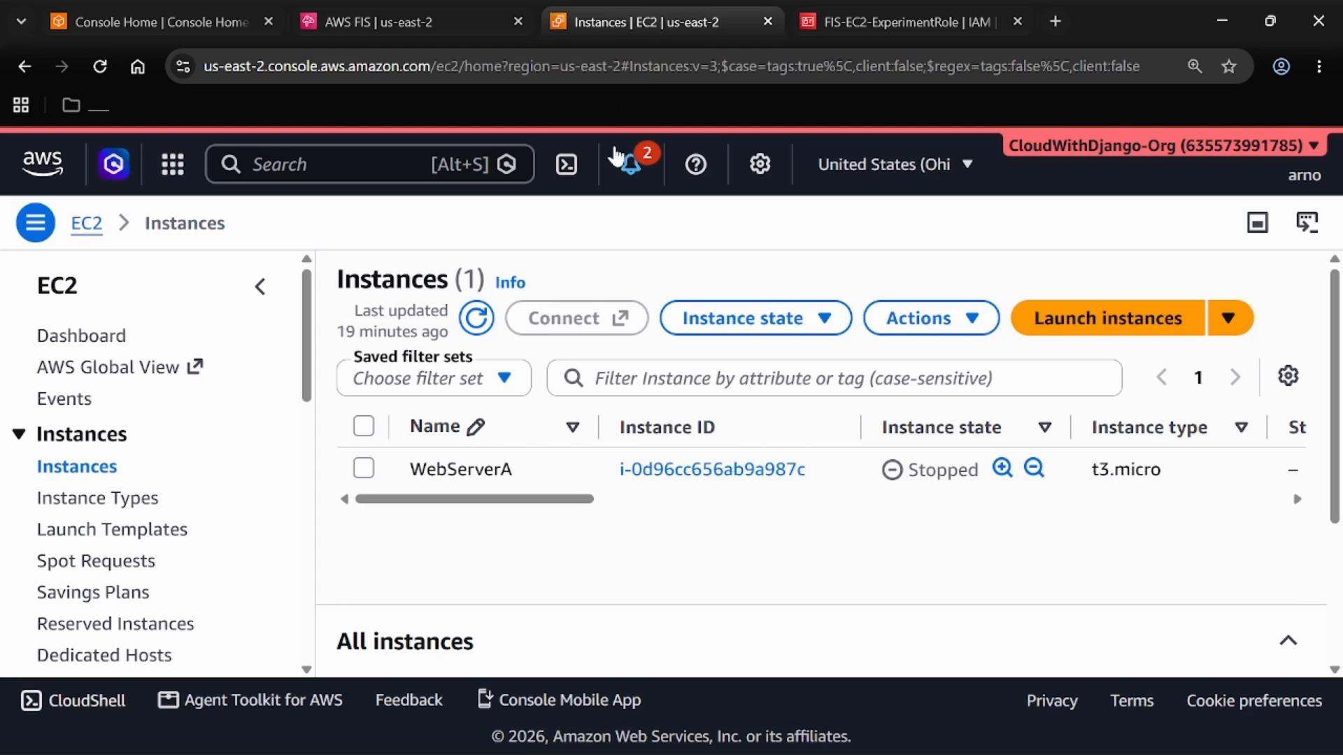 A screenshot of the AWS EC2 Instances console showing one instance named "WebServerA" (instance ID starting i-0d96...) listed as Stopped. The instance type is t3.micro and the "Launch instances" button is visible.