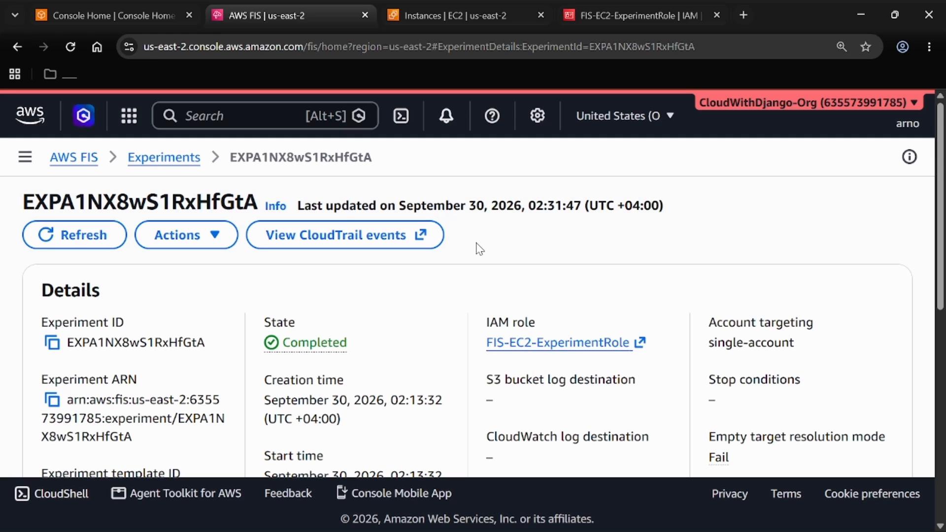 A screenshot of the AWS Management Console showing an AWS FIS (Fault Injection Simulator) experiment details page for experiment EXPA1NX8wS1RxHfGtA with status "Completed." The details panel shows creation/start times, IAM role, and account-targeting information.