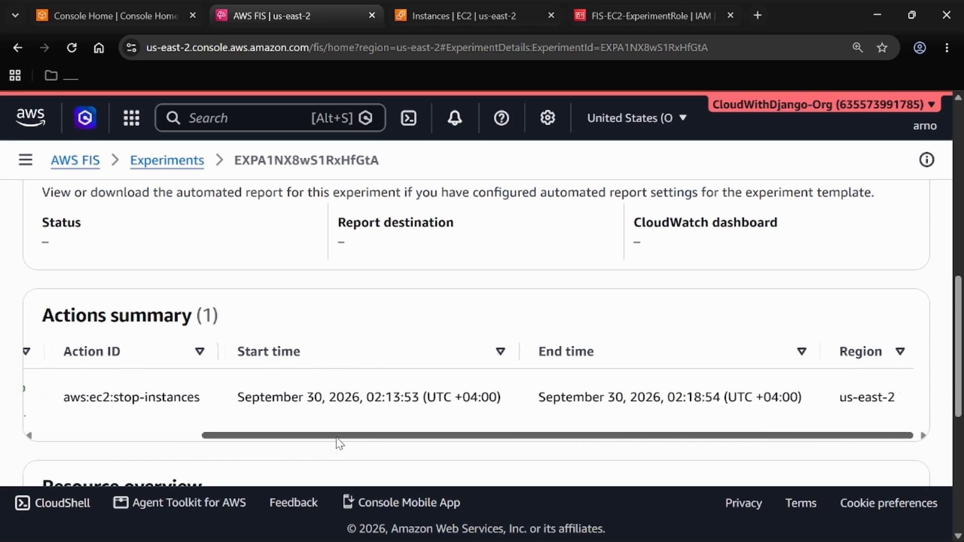 A screenshot of the AWS Management Console showing an AWS Fault Injection Simulator (FIS) experiment details page. The Actions summary lists an aws:ec2:stop-instances action with start/end timestamps and the us-east-2 region.