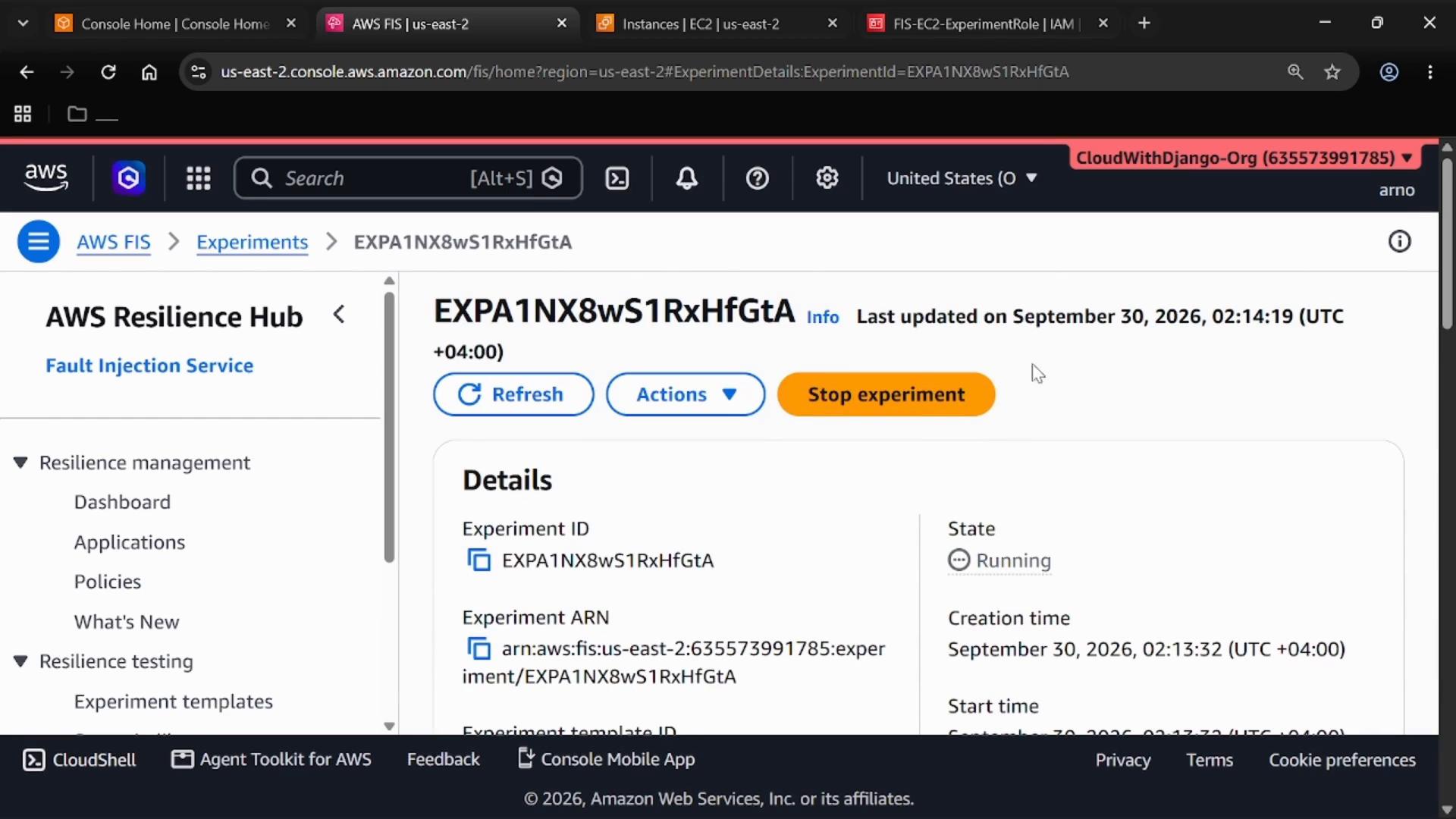 A screenshot of the AWS Resilience Hub (Fault Injection Service) console showing an active experiment page for ID EXPA1NX8wS1RxHfGtA. Visible are buttons like Refresh, Actions and a highlighted "Stop experiment" button, plus experiment details including the state "Running."
