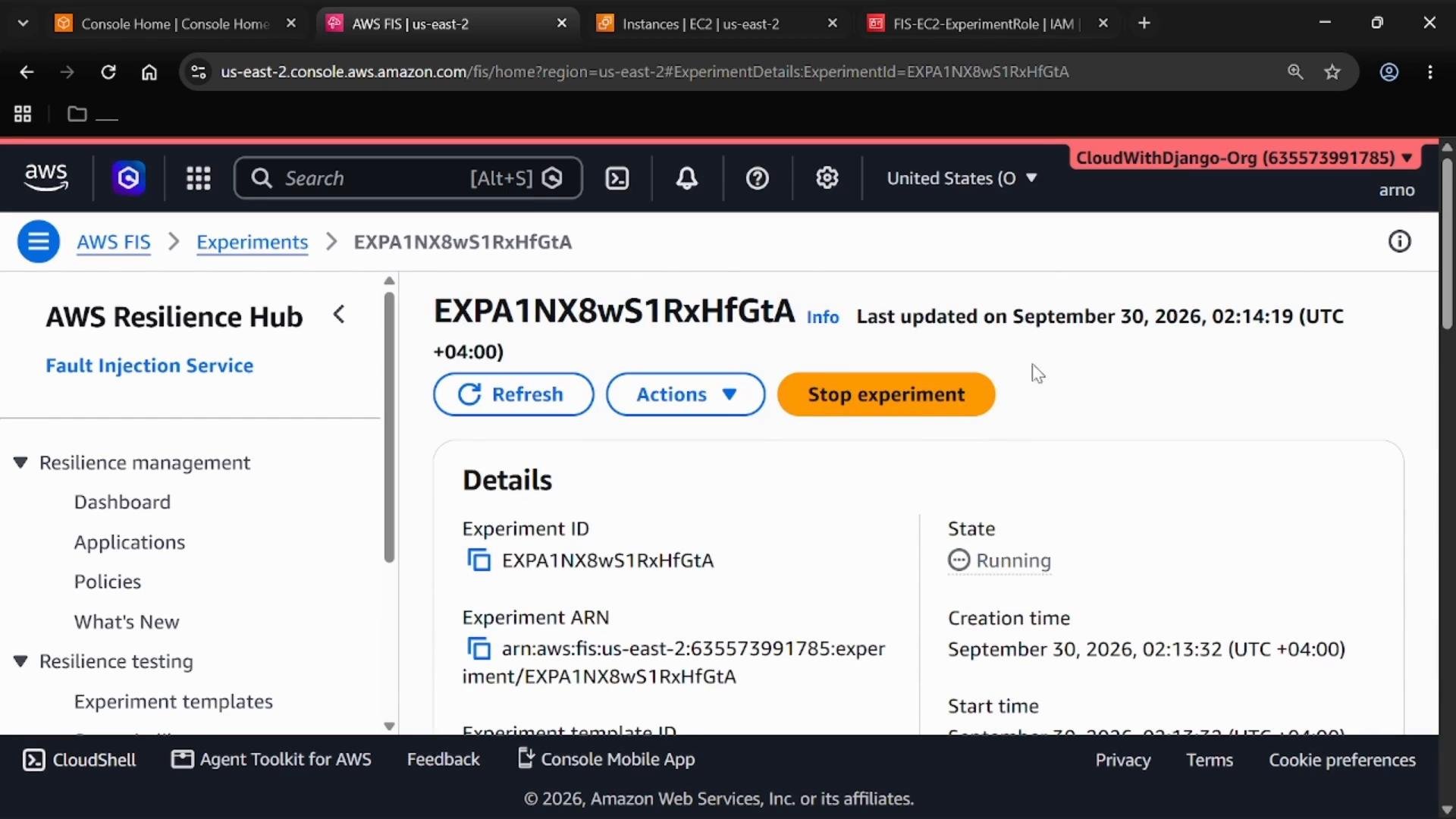 A screenshot of the AWS Resilience Hub (Fault Injection Service) console showing an active experiment page for ID EXPA1NX8wS1RxHfGtA. Visible are buttons like Refresh, Actions and a highlighted "Stop experiment" button, plus experiment details including the state "Running."