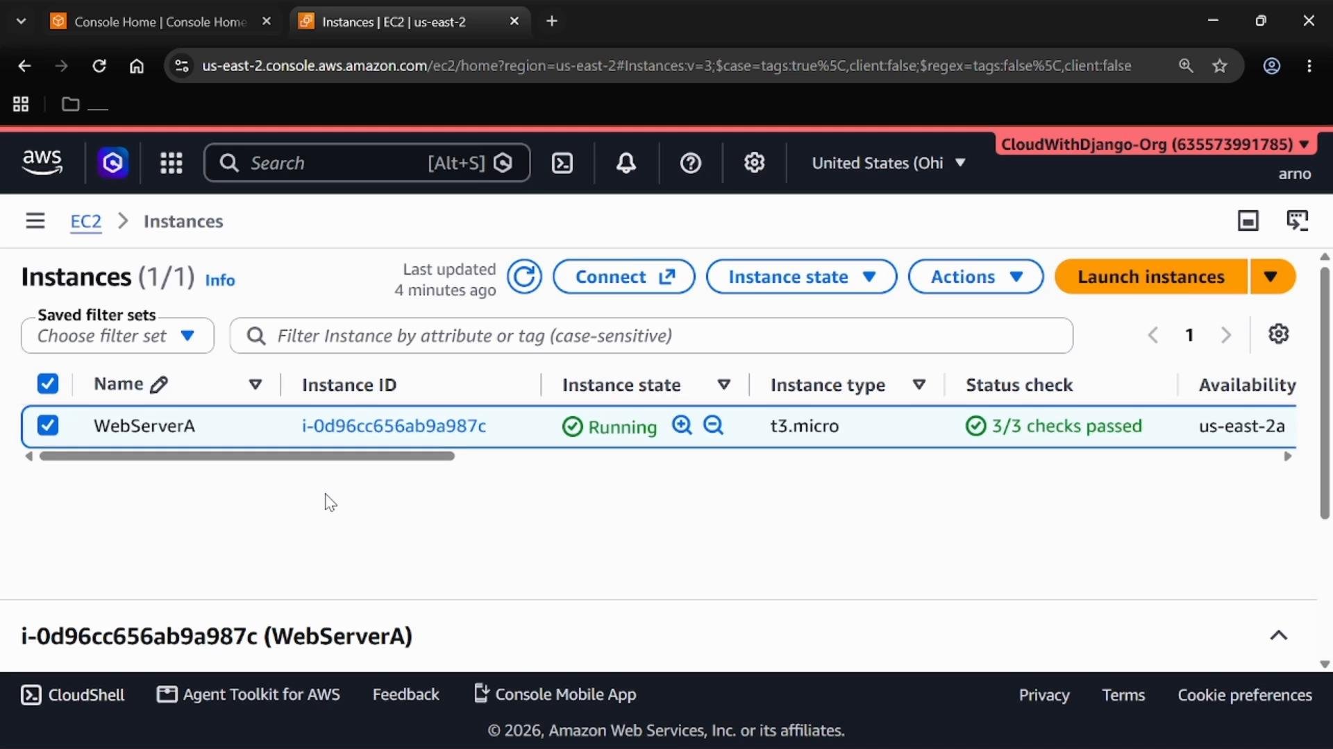 A screenshot of the AWS EC2 Instances console showing one instance named "WebServerA." The instance (i-0d96cc656ab9a987c) is running as a t3.micro with 3/3 status checks passed in the us-east-2a availability zone.