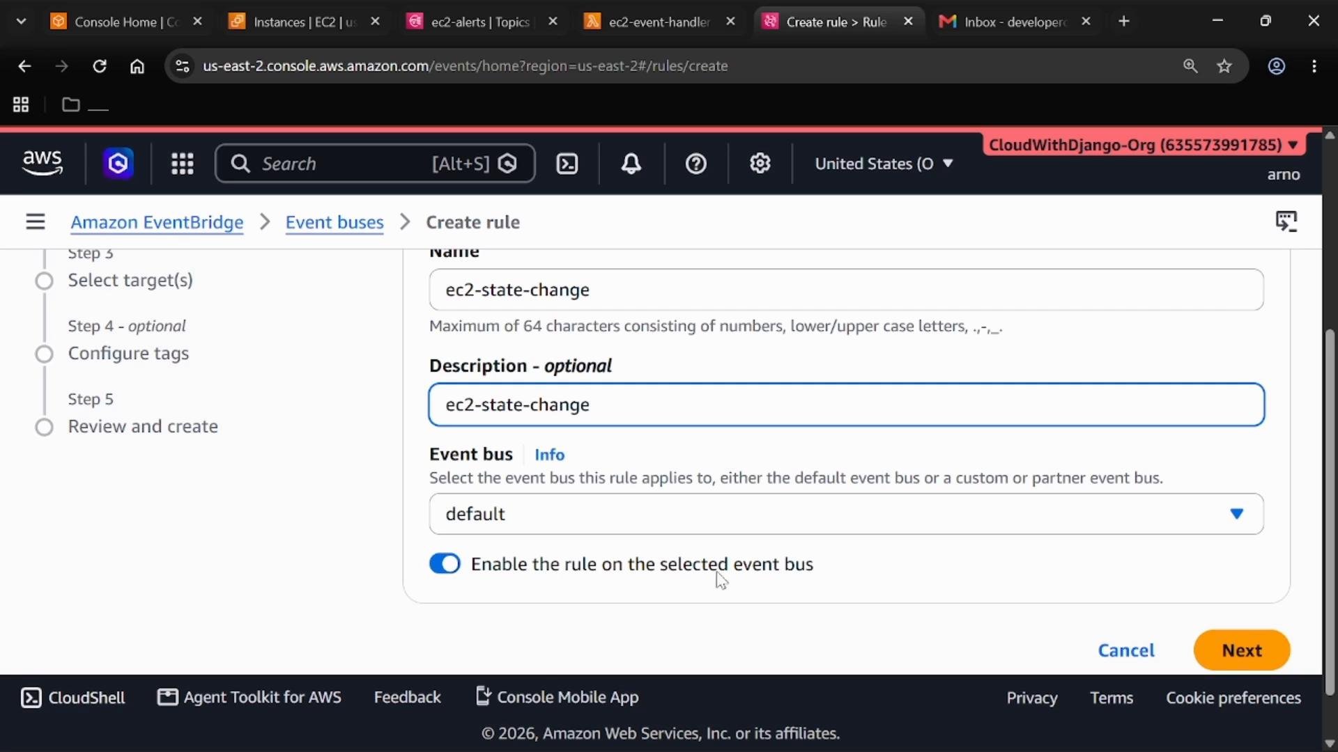 A screenshot of the AWS Management Console showing the Amazon EventBridge "Create rule" page with the rule name and description set to "ec2-state-change" and the default event bus selected. The page shows the enable-rule toggle turned on and a "Next" button at the bottom.