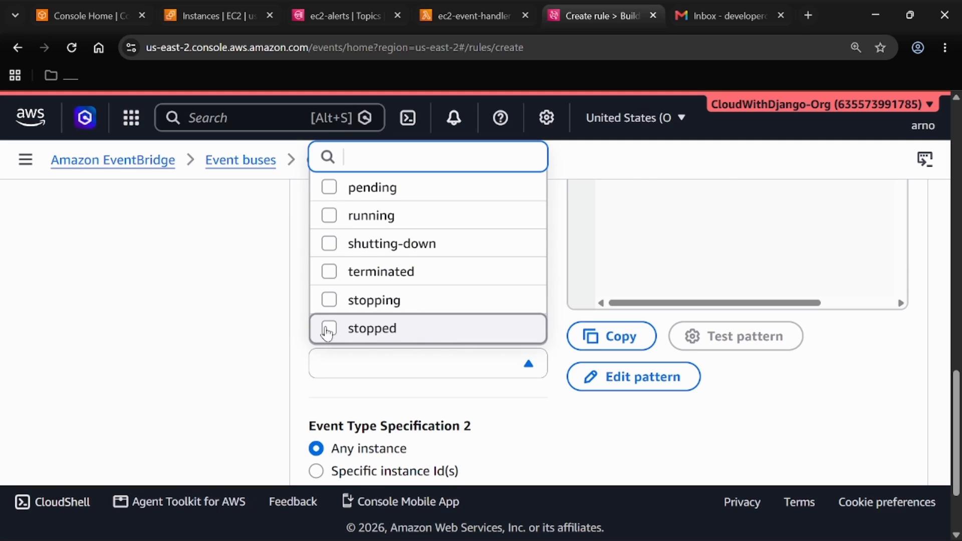Screenshot of the AWS Console (Amazon EventBridge) rule creation page. It shows a dropdown of EC2 instance states (pending, running, shutting-down, terminated, stopping, stopped) with "stopped" highlighted and buttons like "Copy" and "Edit pattern."