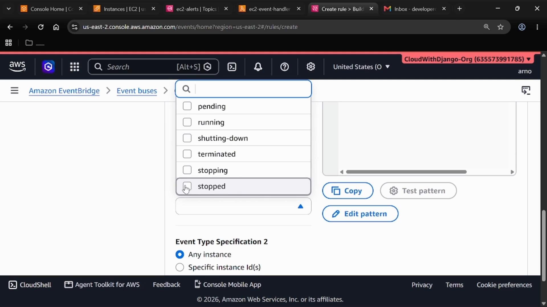 Screenshot of the AWS Console (Amazon EventBridge) rule creation page. It shows a dropdown of EC2 instance states (pending, running, shutting-down, terminated, stopping, stopped) with "stopped" highlighted and buttons like "Copy" and "Edit pattern."