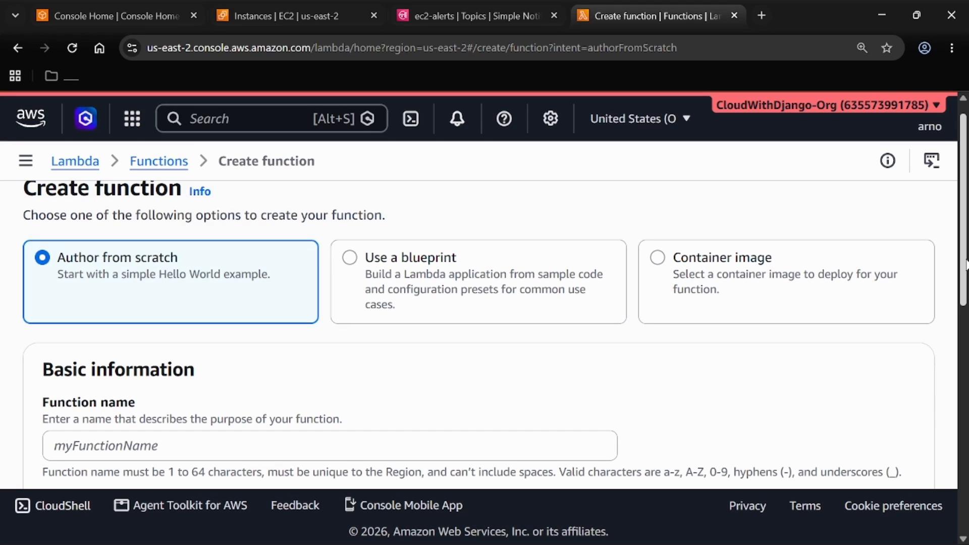 A screenshot of the AWS Lambda "Create function" console showing options to "Author from scratch," "Use a blueprint," or use a "Container image," with a Basic information section to enter a function name. The browser tab bar and AWS navigation header are visible across the top.