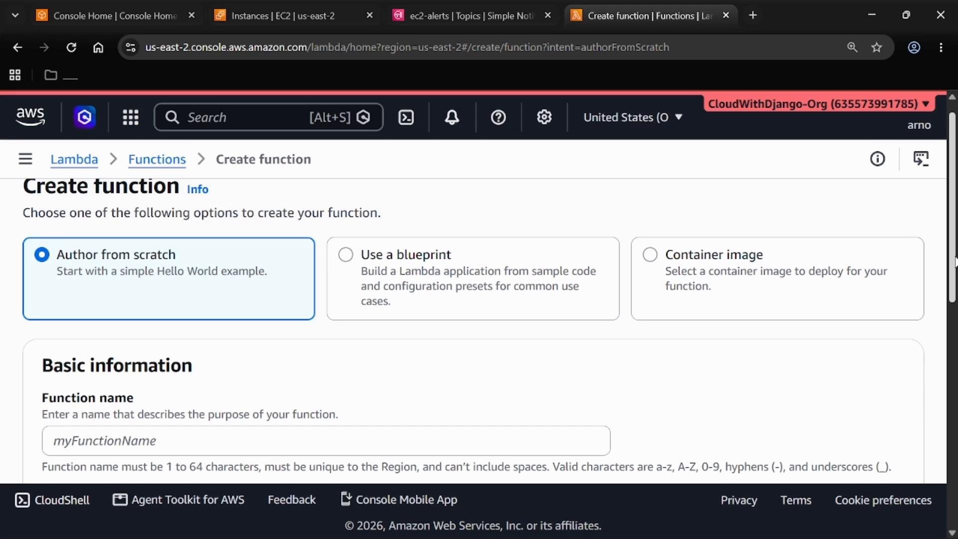 A screenshot of the AWS Lambda "Create function" console showing options to "Author from scratch," "Use a blueprint," or use a "Container image," with a Basic information section to enter a function name. The browser tab bar and AWS navigation header are visible across the top.
