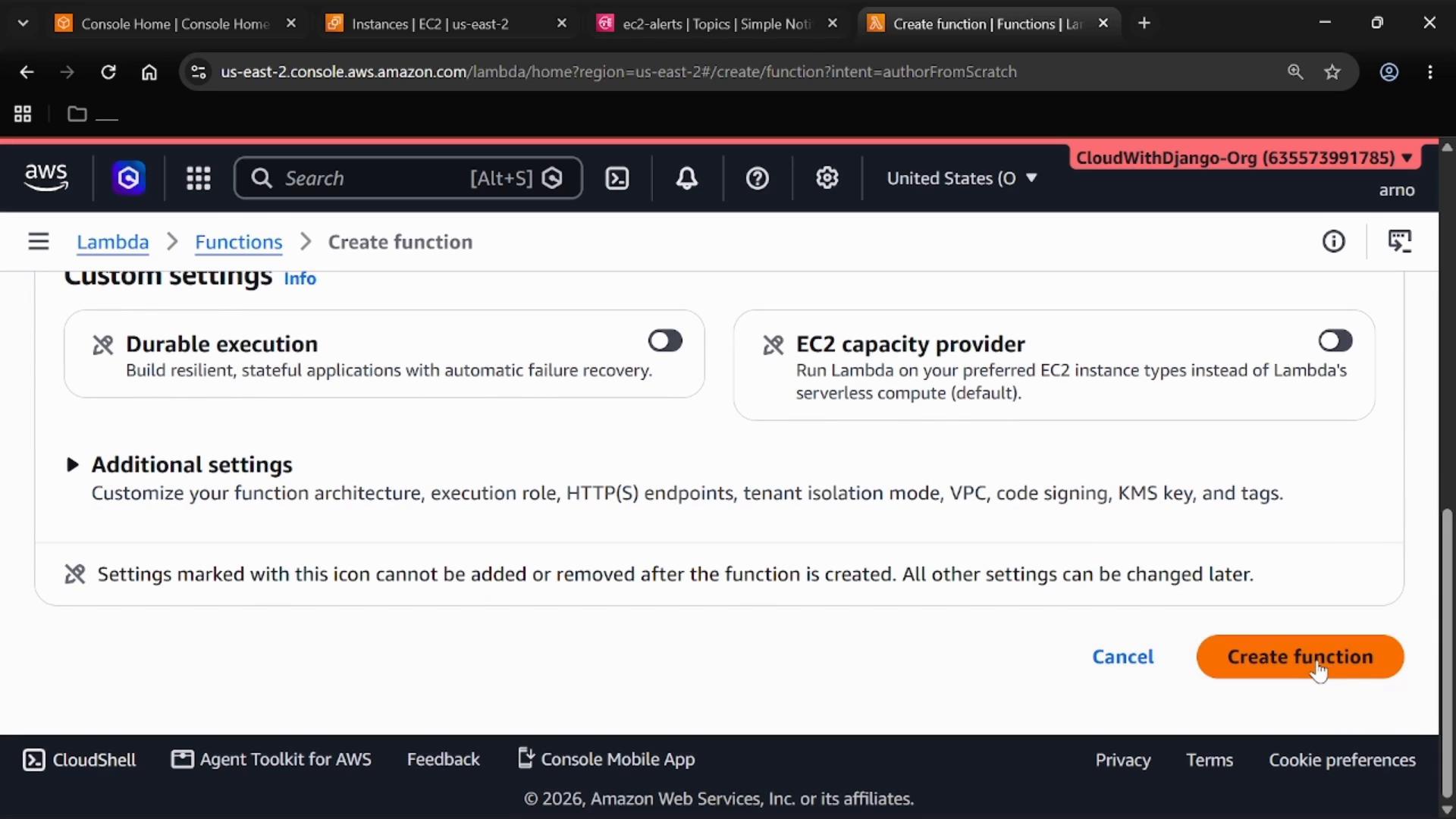 Screenshot of the AWS Management Console on the AWS Lambda "Create function" page, showing custom settings with toggles for "Durable execution" and "EC2 capacity provider." An orange "Create function" button is visible at the bottom right.