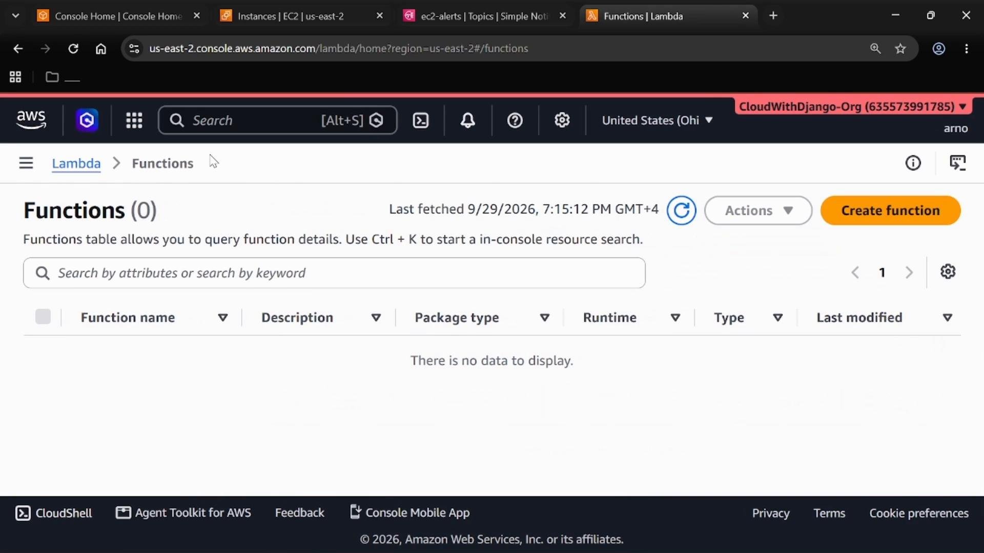 A screenshot of the AWS Lambda console showing the "Functions (0)" page with an empty functions table and a prominent "Create function" button. The header shows the account/region and a refresh timestamp.