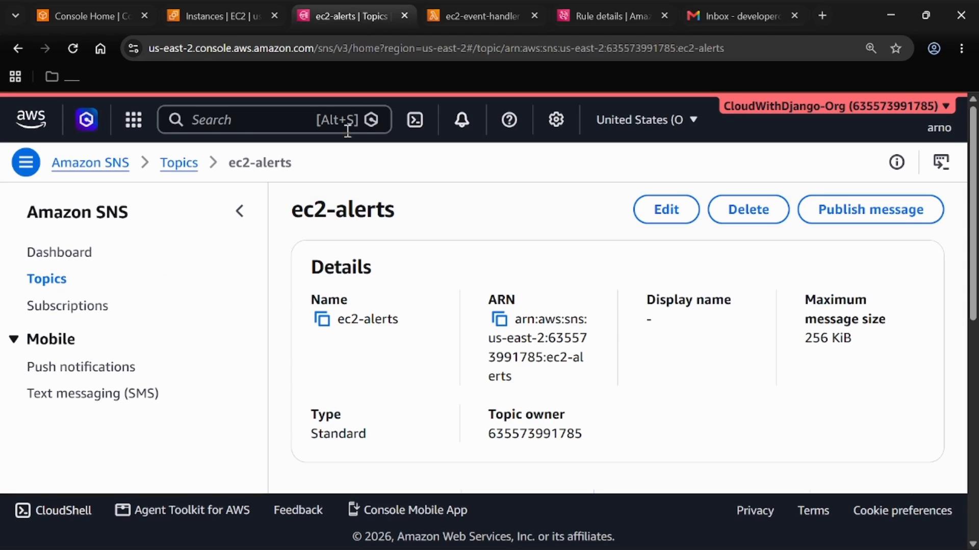 A screenshot of the AWS Management Console showing Amazon SNS topic details for a topic named "ec2-alerts" with its ARN, type, owner and action buttons (Edit, Delete, Publish message). The left sidebar shows SNS navigation items like Dashboard, Topics and Subscriptions.