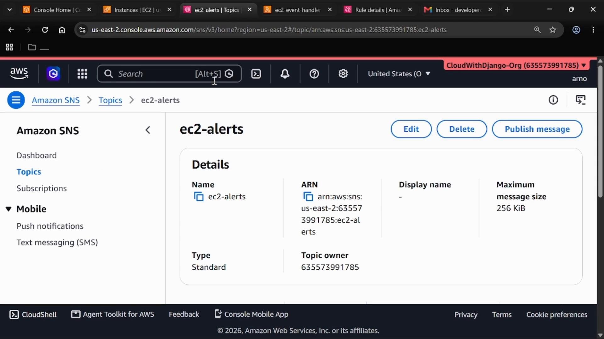 A screenshot of the AWS Management Console showing Amazon SNS topic details for a topic named "ec2-alerts" with its ARN, type, owner and action buttons (Edit, Delete, Publish message). The left sidebar shows SNS navigation items like Dashboard, Topics and Subscriptions.