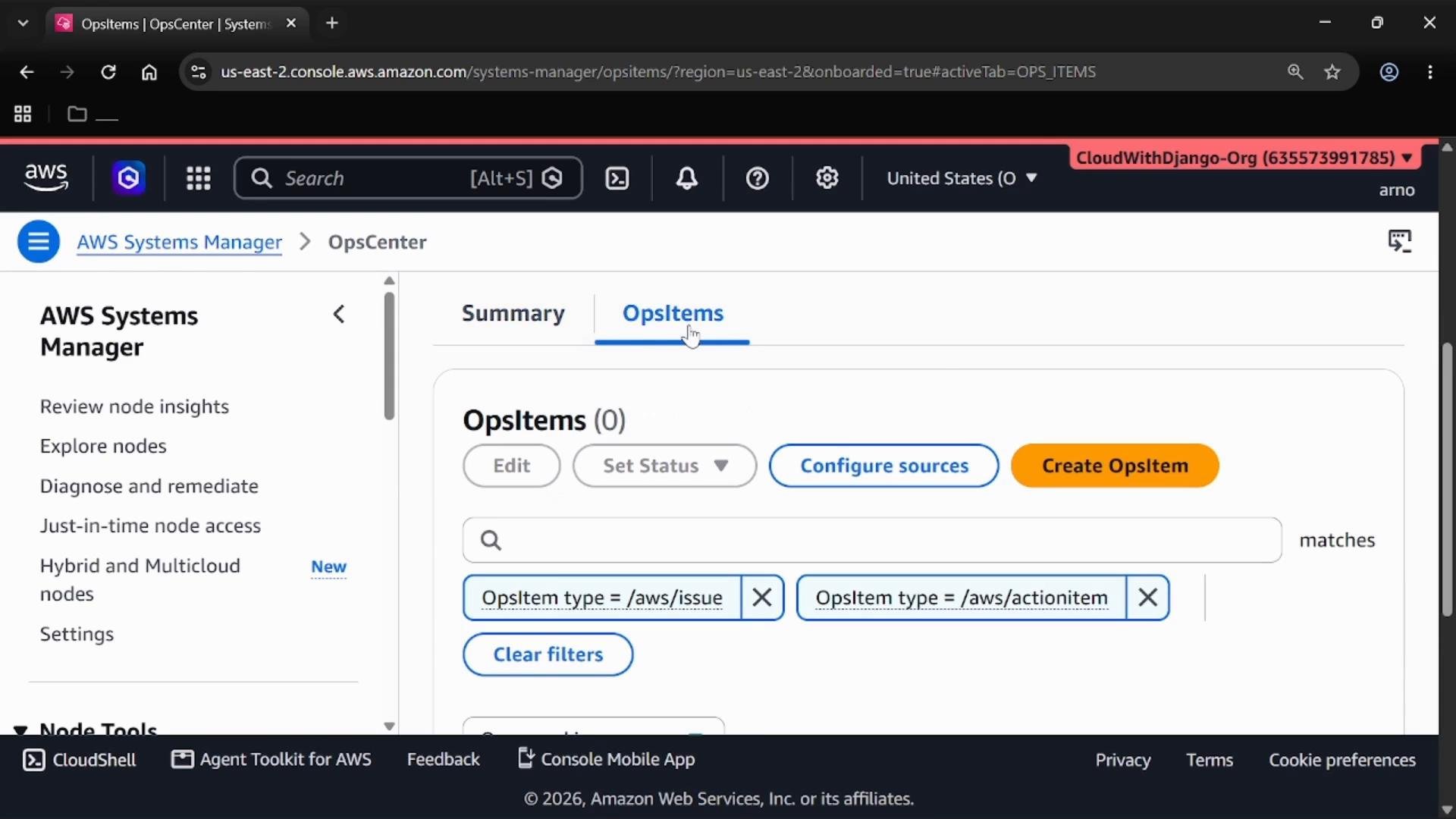 A screenshot of the AWS Systems Manager OpsCenter web console showing the OpsItems tab. The UI displays buttons like "Create OpsItem" and "Configure sources," along with filters for OpsItem types and a left navigation menu.
