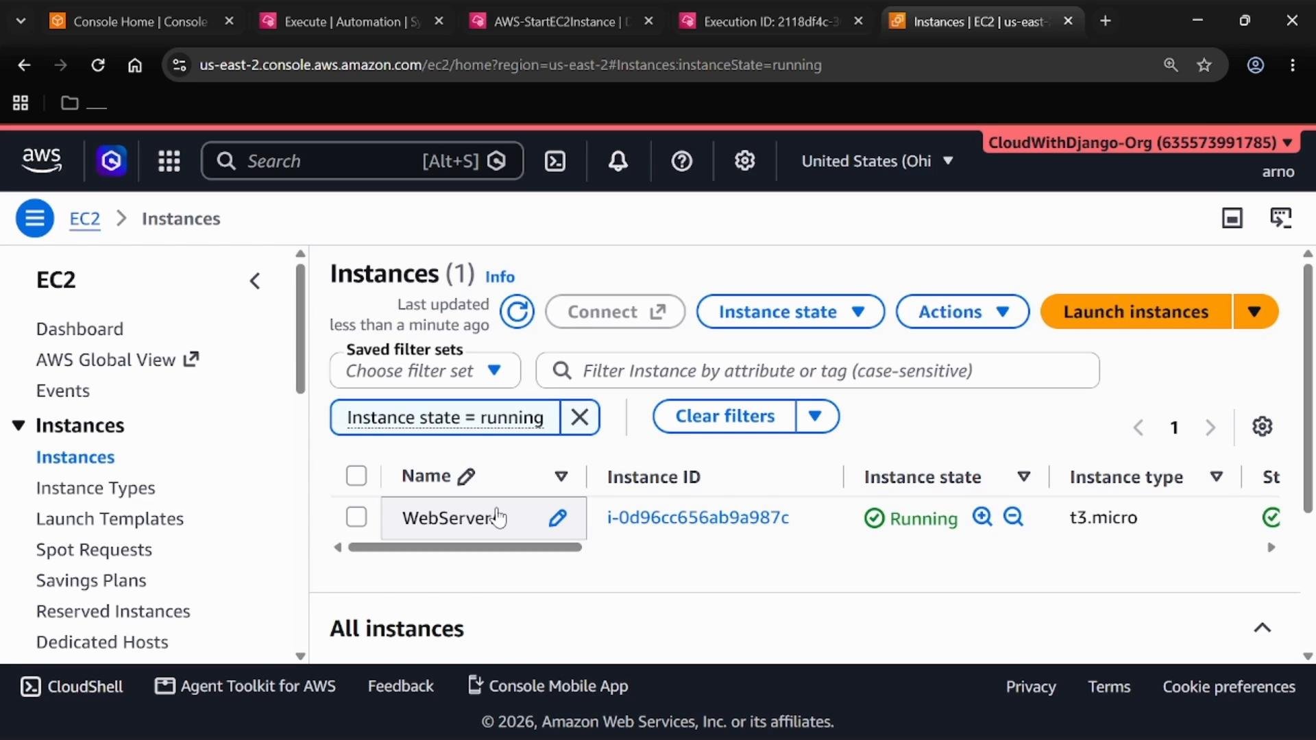 A screenshot of the AWS EC2 console Instances page showing one running instance named "WebServer" (t3.micro) with its instance ID and status, plus controls like Launch instances, Instance state, and Actions.