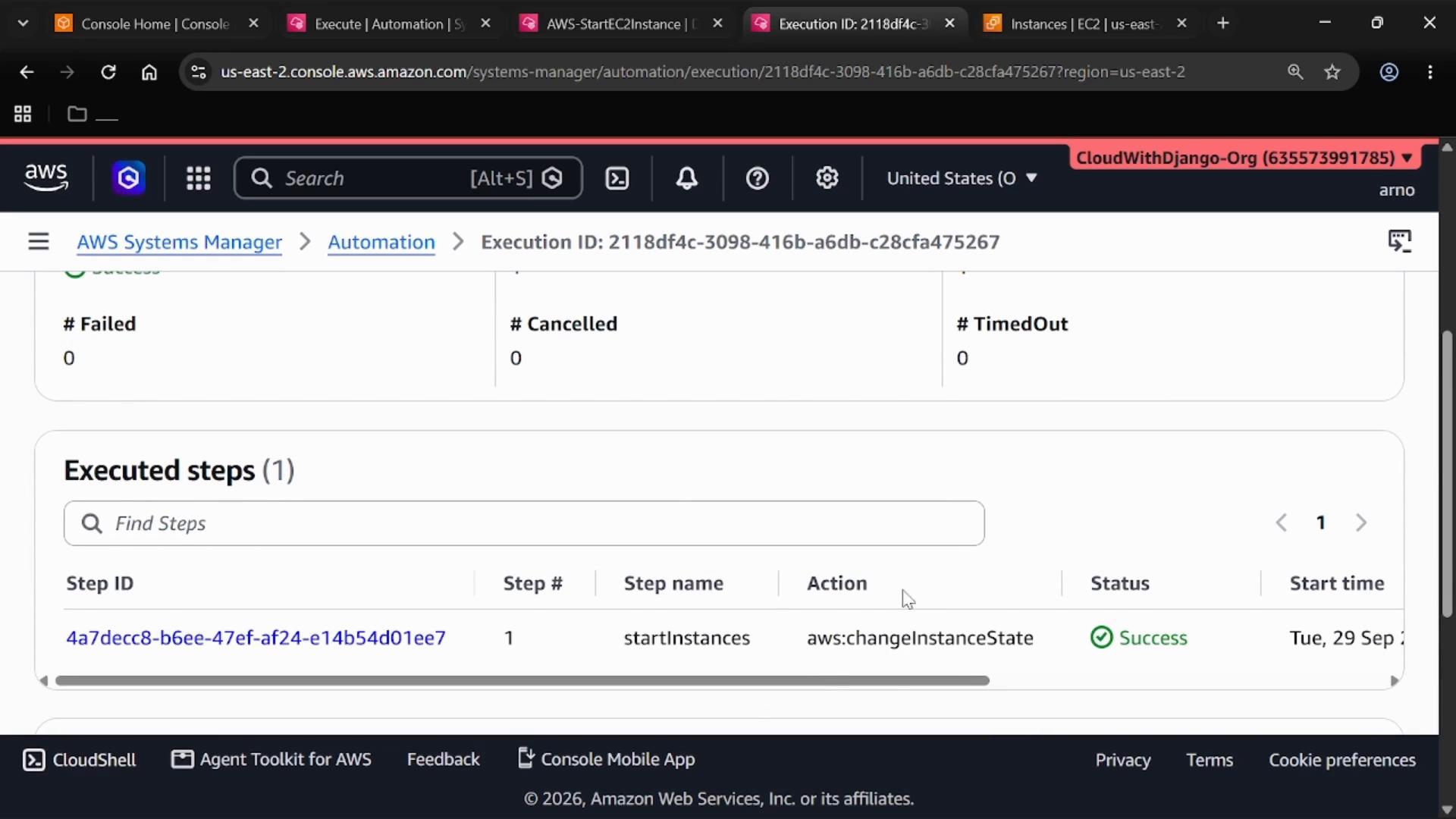 A screenshot of the AWS Systems Manager Automation execution page showing details for an execution (Execution ID visible). It lists executed steps including a startInstances step (aws:changeInstanceState) marked Success.