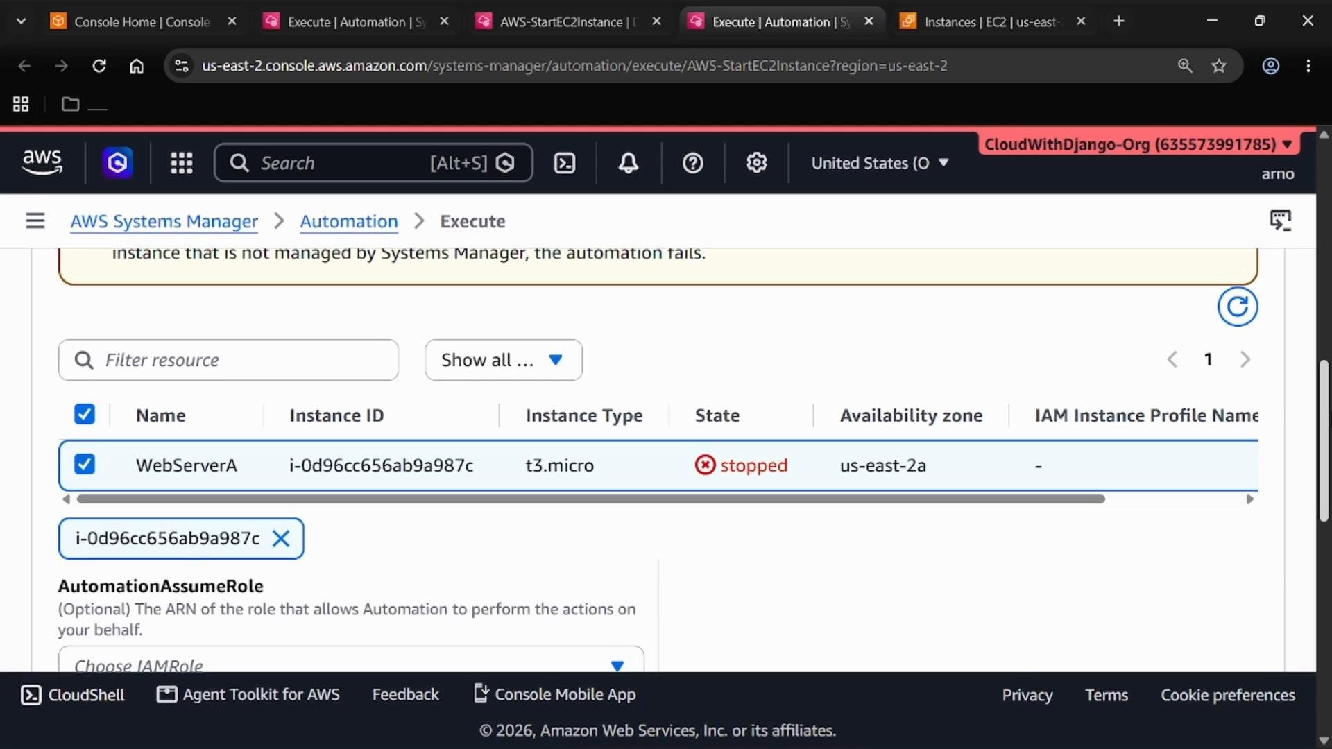 A screenshot of the AWS Systems Manager Automation Execute page showing a selected EC2 instance named "WebServerA" (i-0d96cc656ab9a987c), type t3.micro, shown as stopped in availability zone us-east-2a. The page also displays automation role options and standard AWS console navigation.