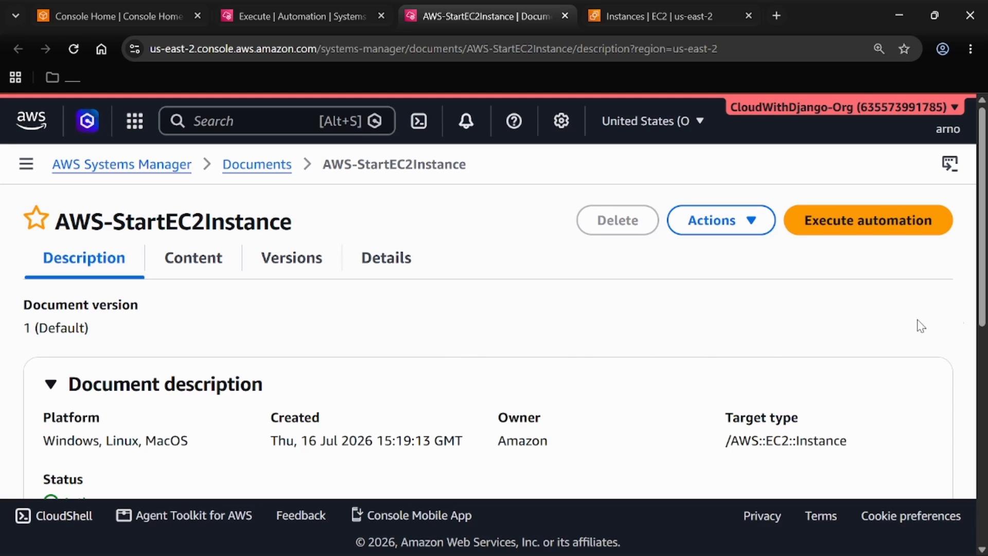 Screenshot of the AWS Systems Manager console showing the "AWS-StartEC2Instance" document page with the Description tab selected and buttons for Delete, Actions, and an orange "Execute automation" button. The page shows the document version and brief description details like platform and target type.