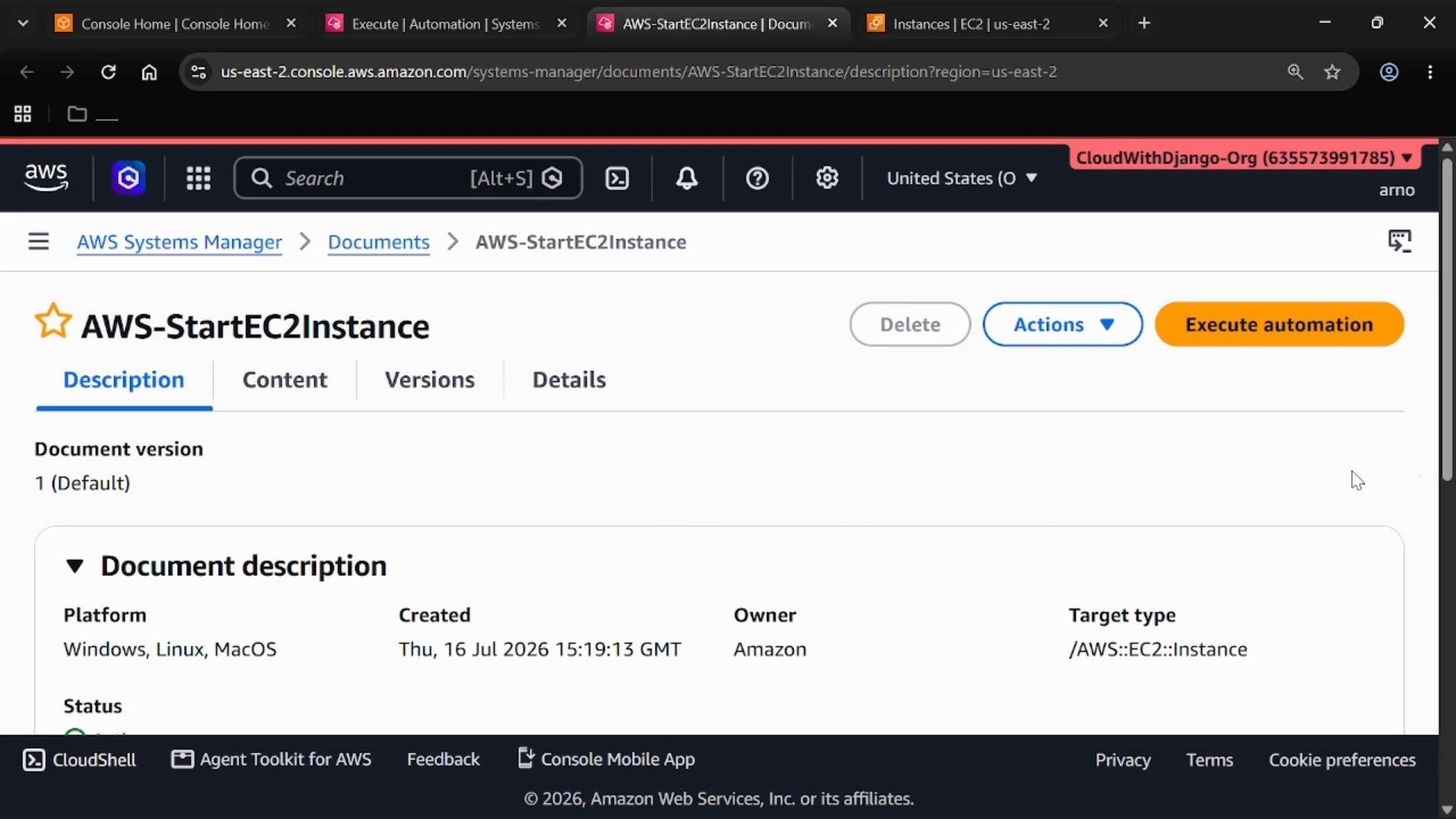 Screenshot of the AWS Systems Manager console showing the "AWS-StartEC2Instance" document page with the Description tab selected and buttons for Delete, Actions, and an orange "Execute automation" button. The page shows the document version and brief description details like platform and target type.