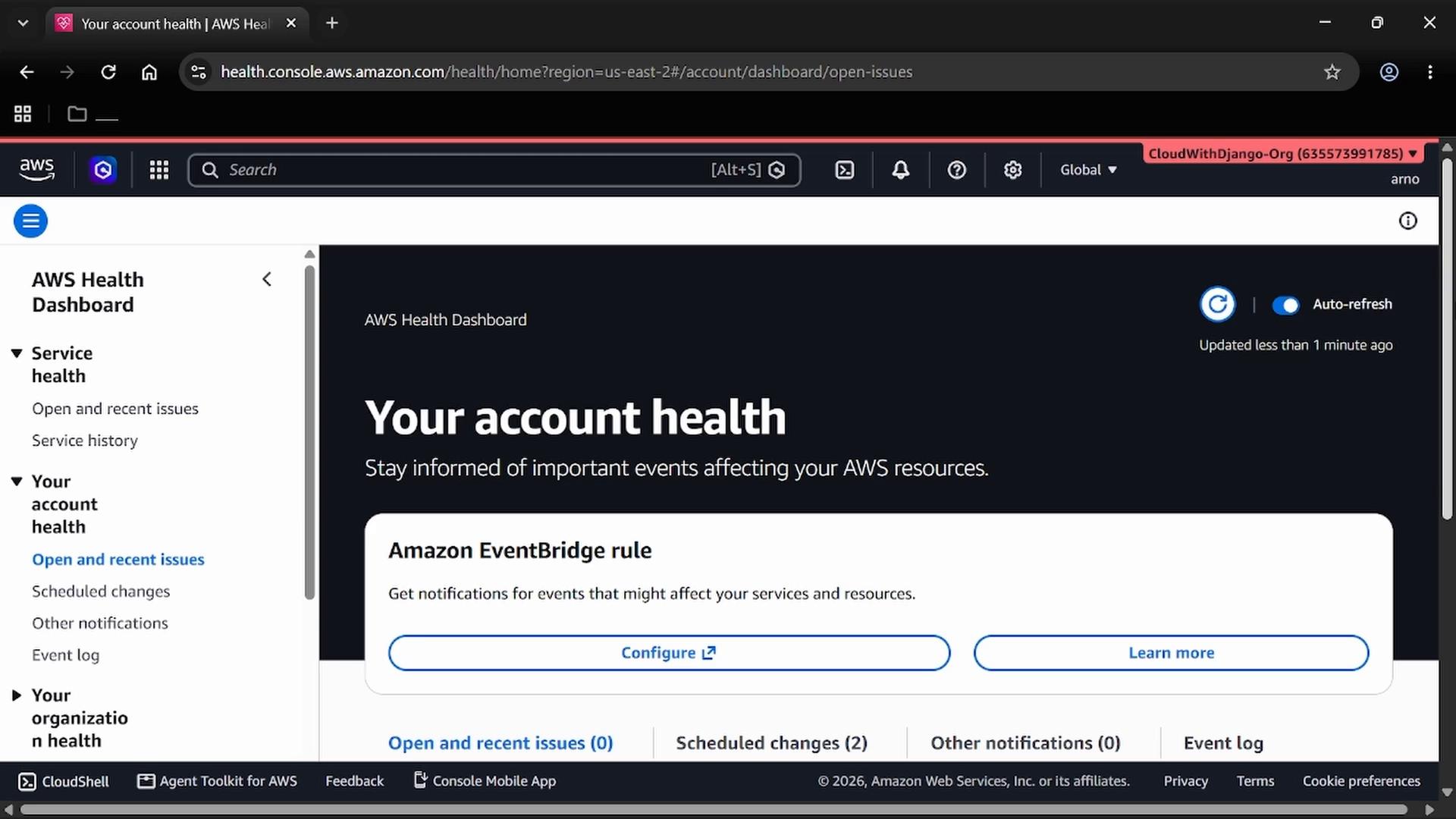 A screenshot of the AWS Health Dashboard displaying the "Your account health" header and a card about configuring an Amazon EventBridge rule. The left sidebar shows navigation links for Service health, account health, and related logs and notifications.
