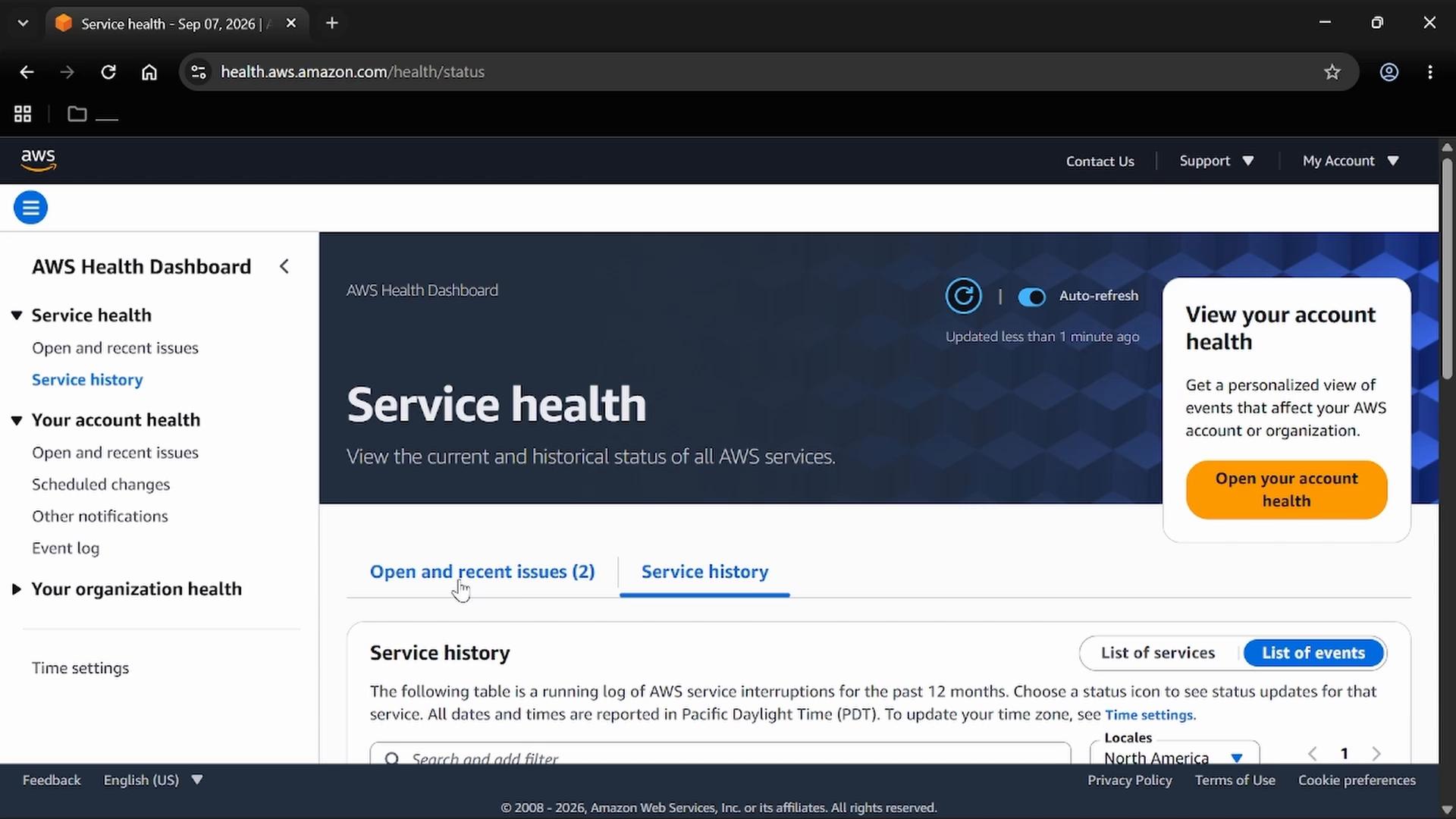 A screenshot of the AWS Health Dashboard showing the "Service health" page, with a left navigation menu and a main panel listing service history and open issues. A callout on the right invites the user to "View your account health" with an orange "Open your account health" button.