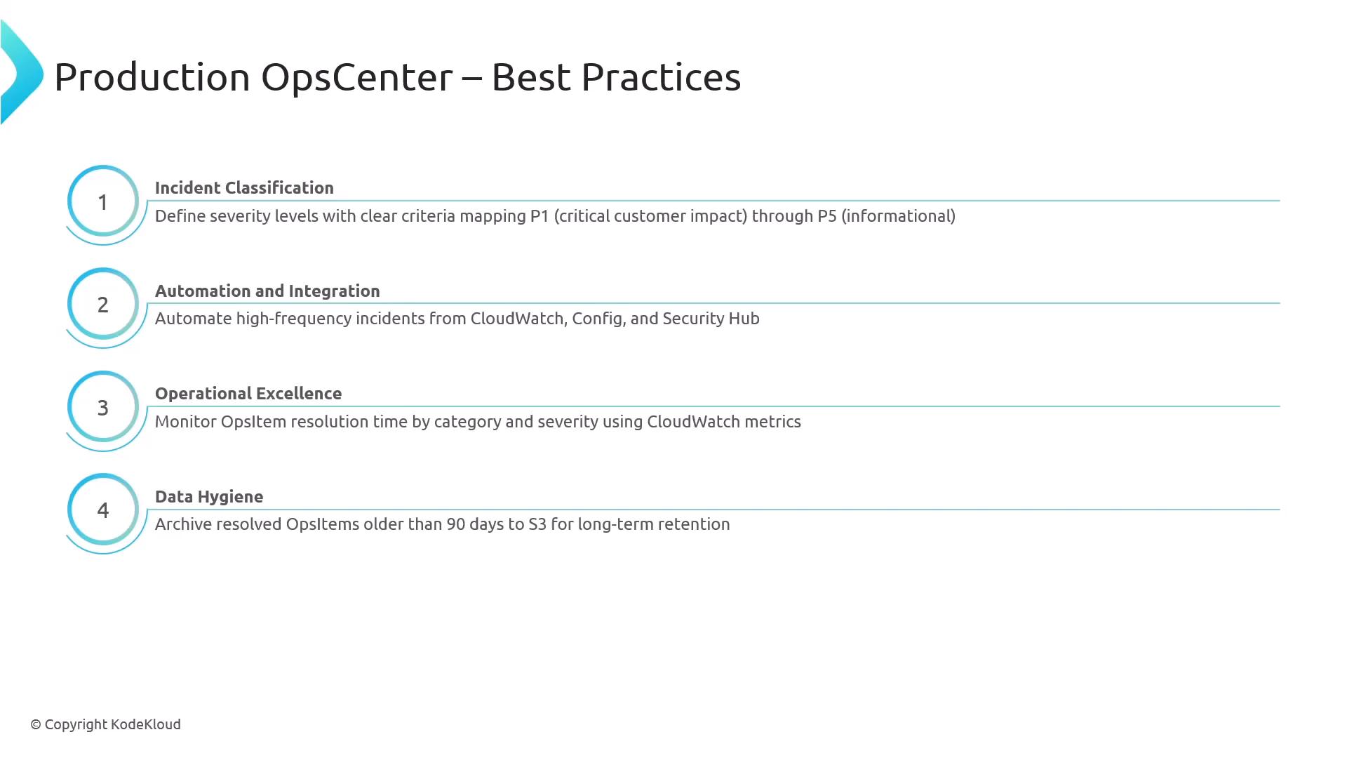 A presentation slide titled "Production OpsCenter – Best Practices" that lists four numbered recommendations: Incident Classification, Automation and Integration, Operational Excellence, and Data Hygiene, each with a short explanatory line. The slide also shows a © Copyright KodeKloud note at the bottom.