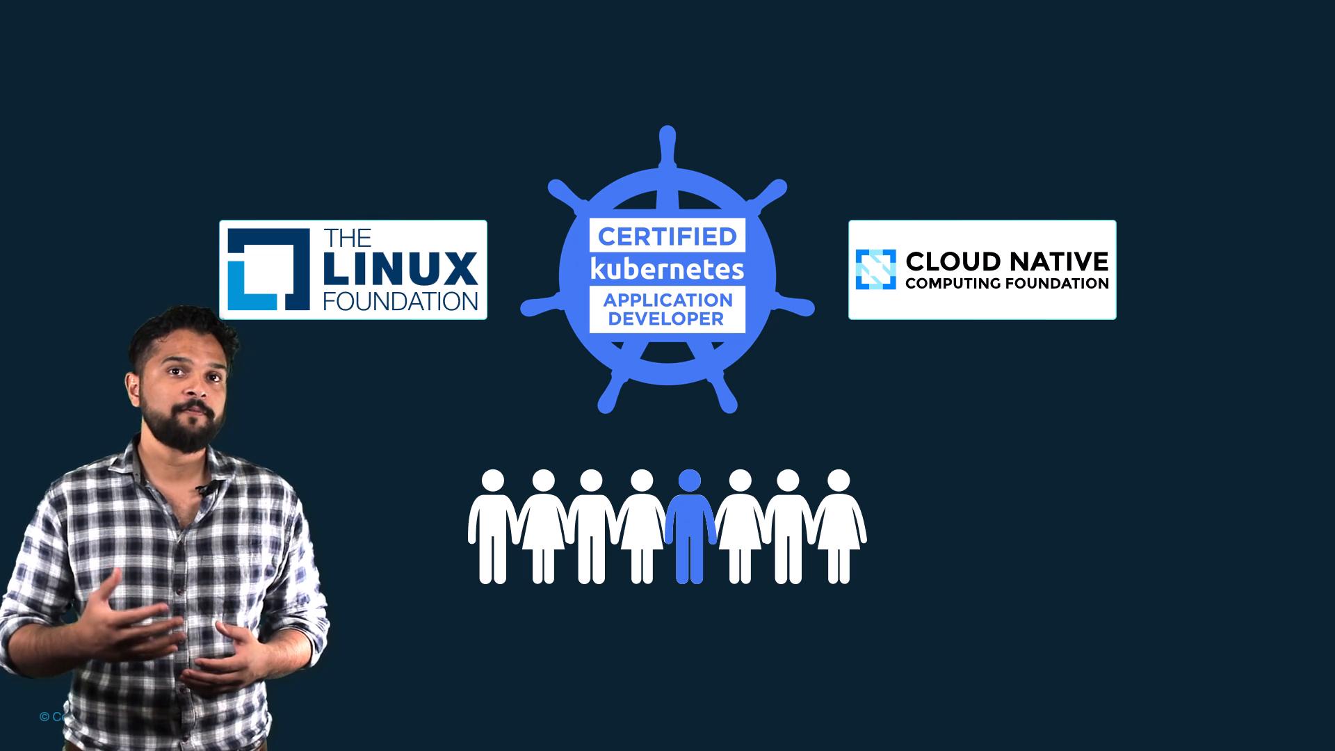 A person stands on the left gesturing toward graphics on a dark background. The image shows The Linux Foundation and Cloud Native Computing Foundation logos, a "Certified Kubernetes Application Developer" badge, and a row of stylized people with one highlighted.