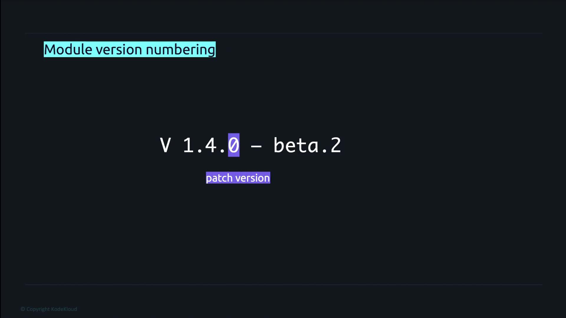 A slide titled "Module version numbering" showing the example version string "v 1.4.0 - beta.2" with the final 0 highlighted and labeled "patch version." The slide has a dark background with teal and purple highlights.