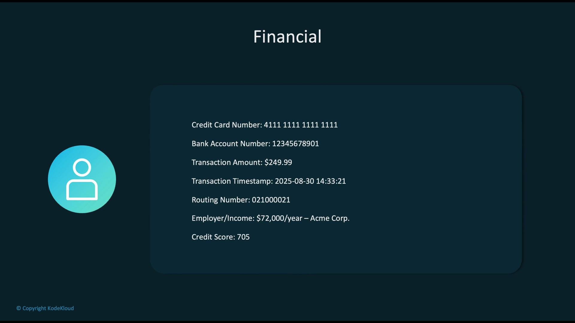 The image displays financial information including a credit card number, bank account number, transaction details, routing number, employer income, and credit score.