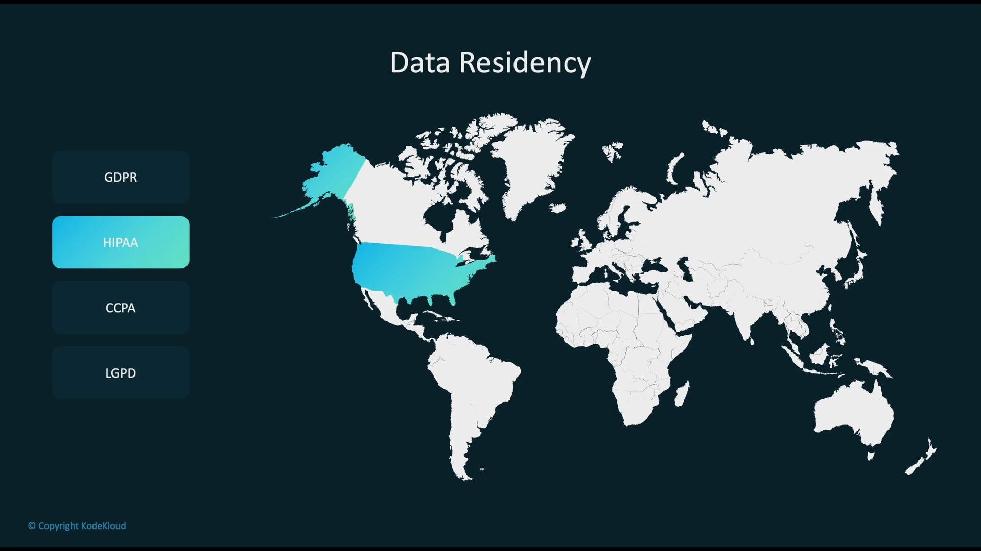 The image shows a world map highlighting the United States and Alaska in blue, labeled "HIPAA," with a sidebar listing GDPR, HIPAA, CCPA, and LGPD under the title "Data Residency."