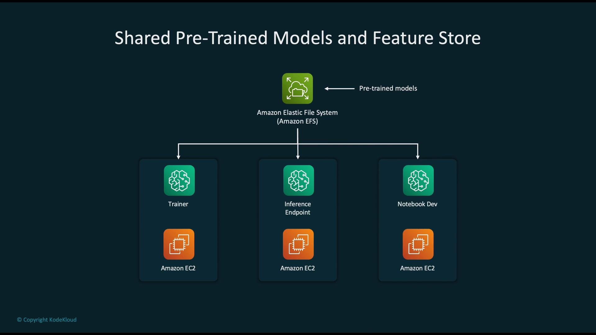The image is a diagram showing the connection between Amazon Elastic File System (EFS) and Amazon EC2 instances used for training, inference, and notebook development, highlighted under "Shared Pre-Trained Models and Feature Store."